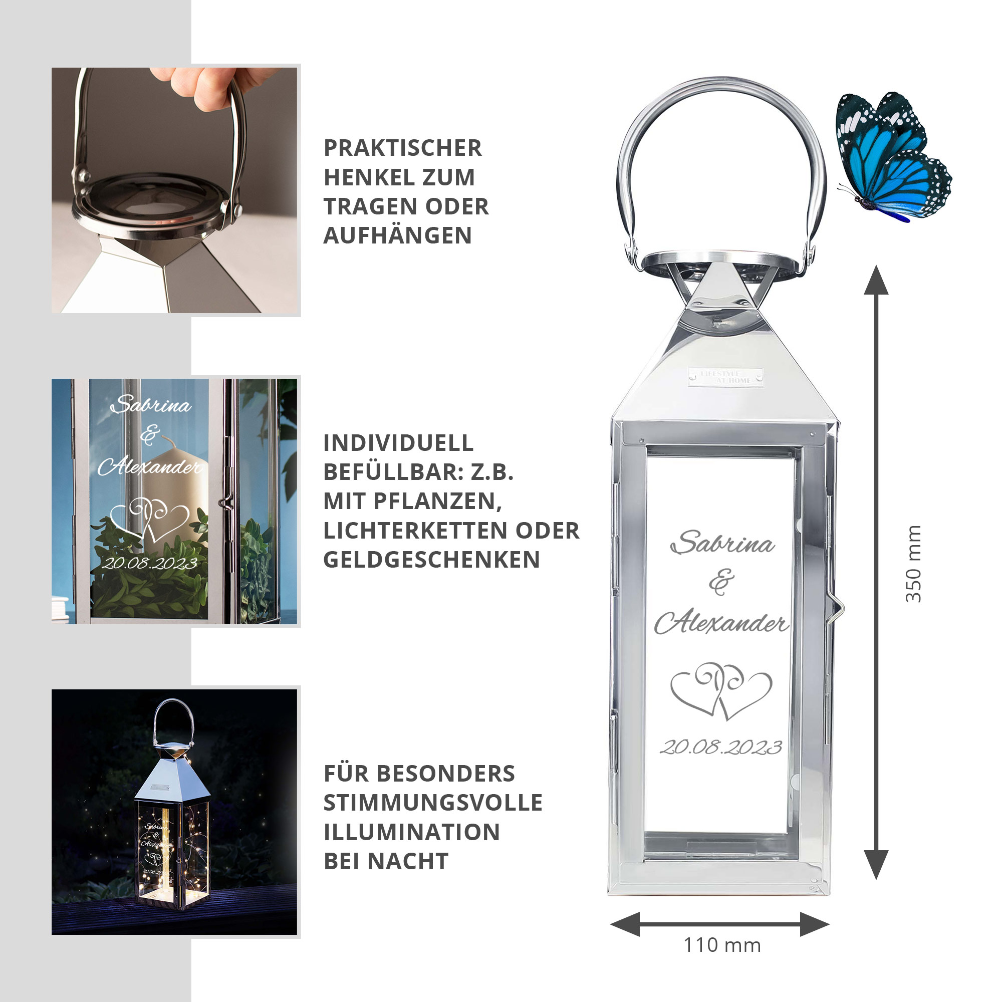 Laterne - Silber - Klein - Hochzeit - Herzen - Personalisiert