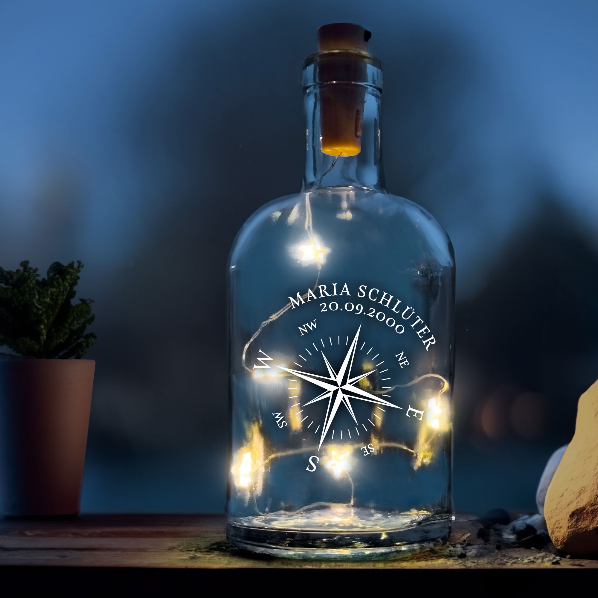 LED Lichterkette für Flaschen und Glaskaraffe mit Gravur - Windrose