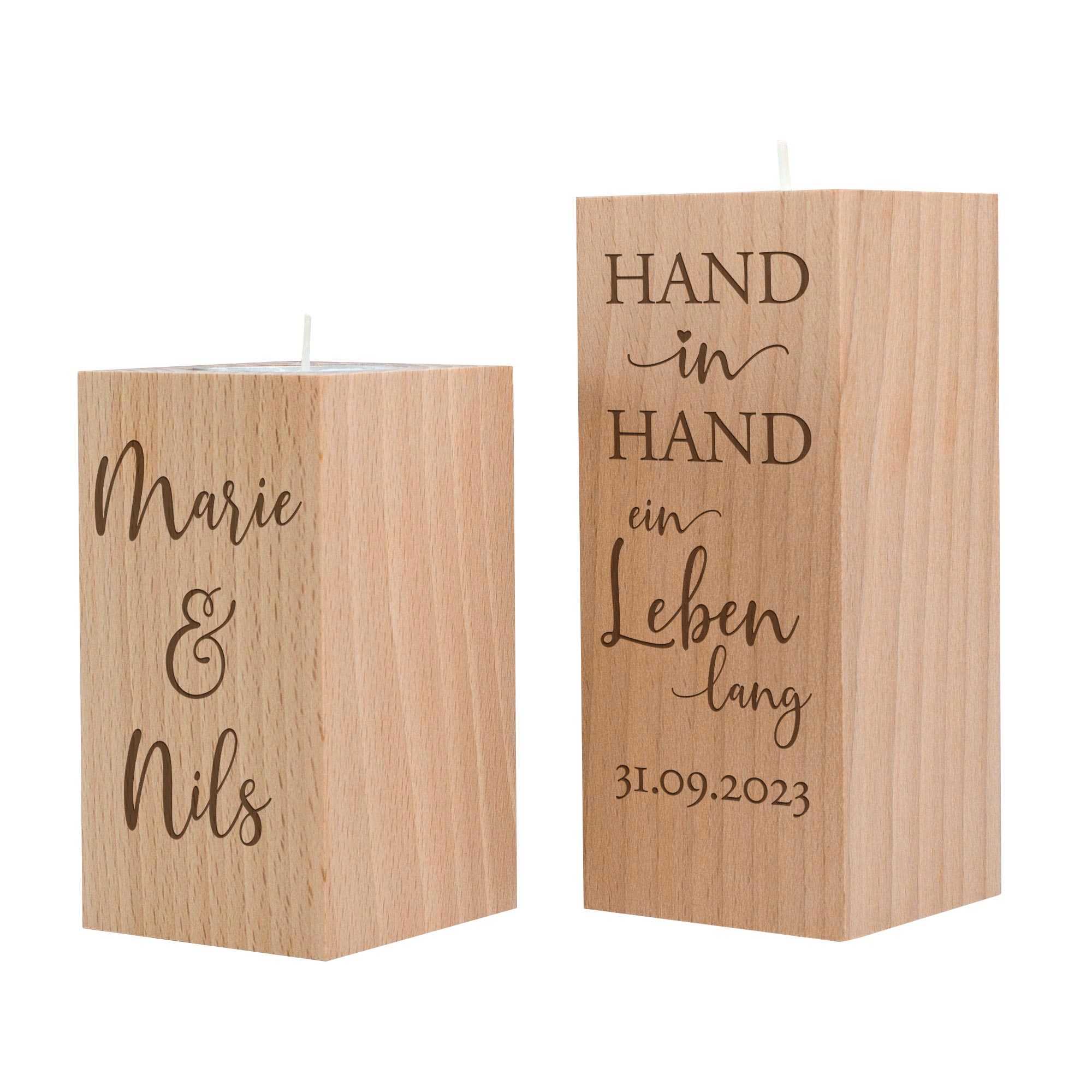Teelichthalter Set - Eckig - Hochzeitspruch - Hand in Hand - Personalisiert