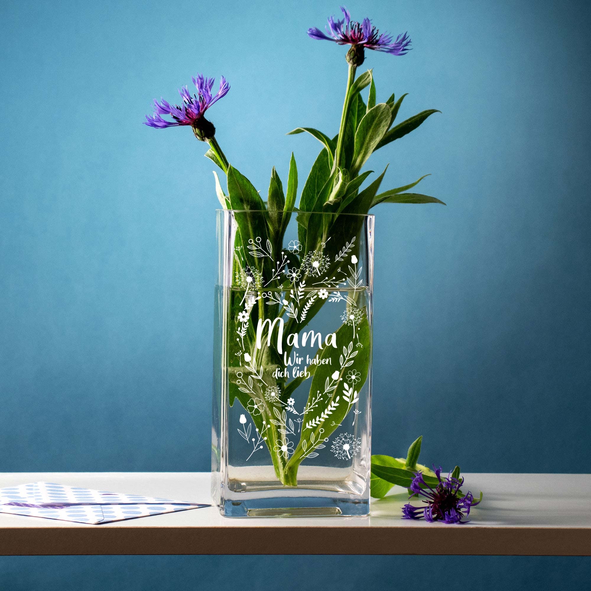 Eckige Vase - Blumenherz für Mama