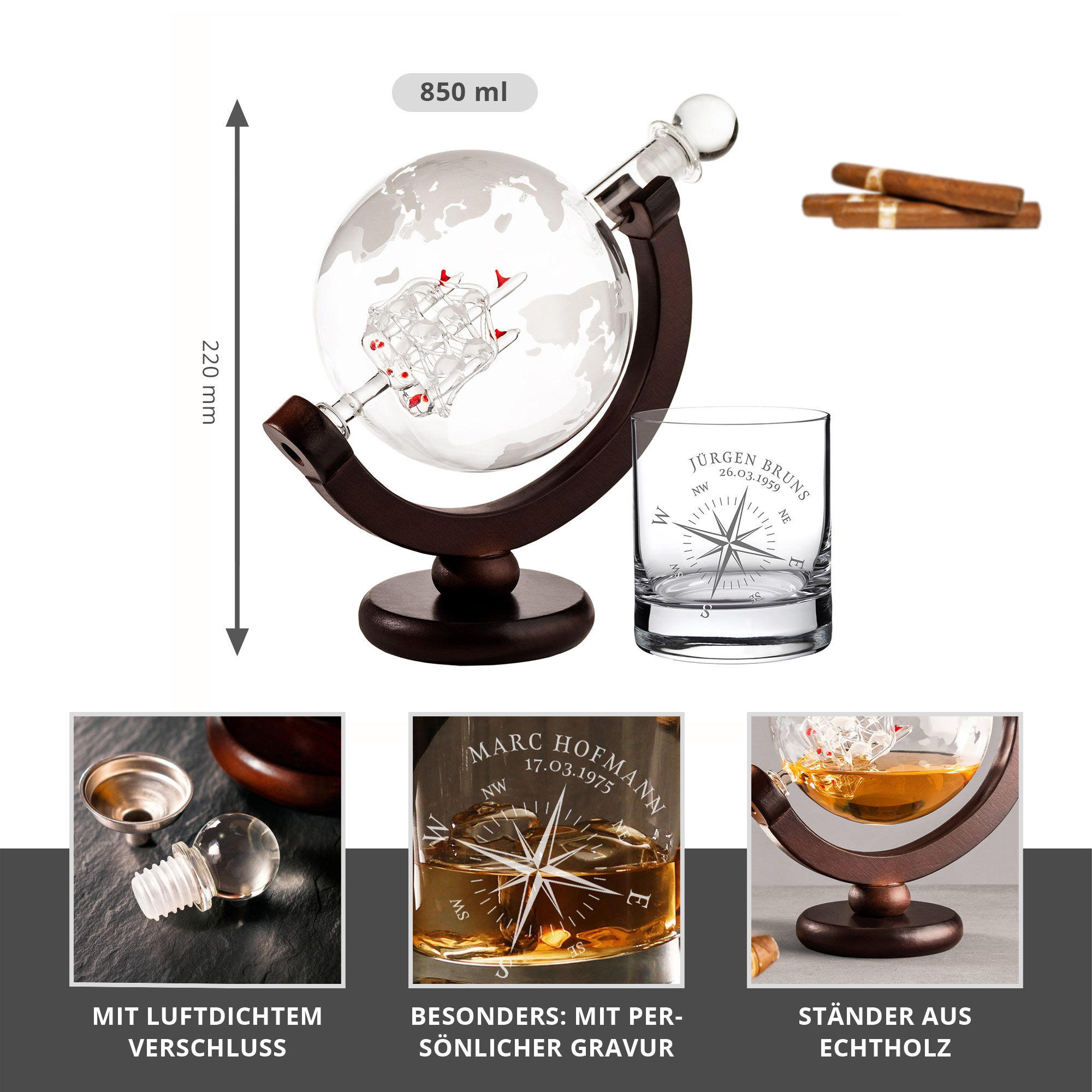 Whisky Set mit Globus Karaffe und Glas - Kompass