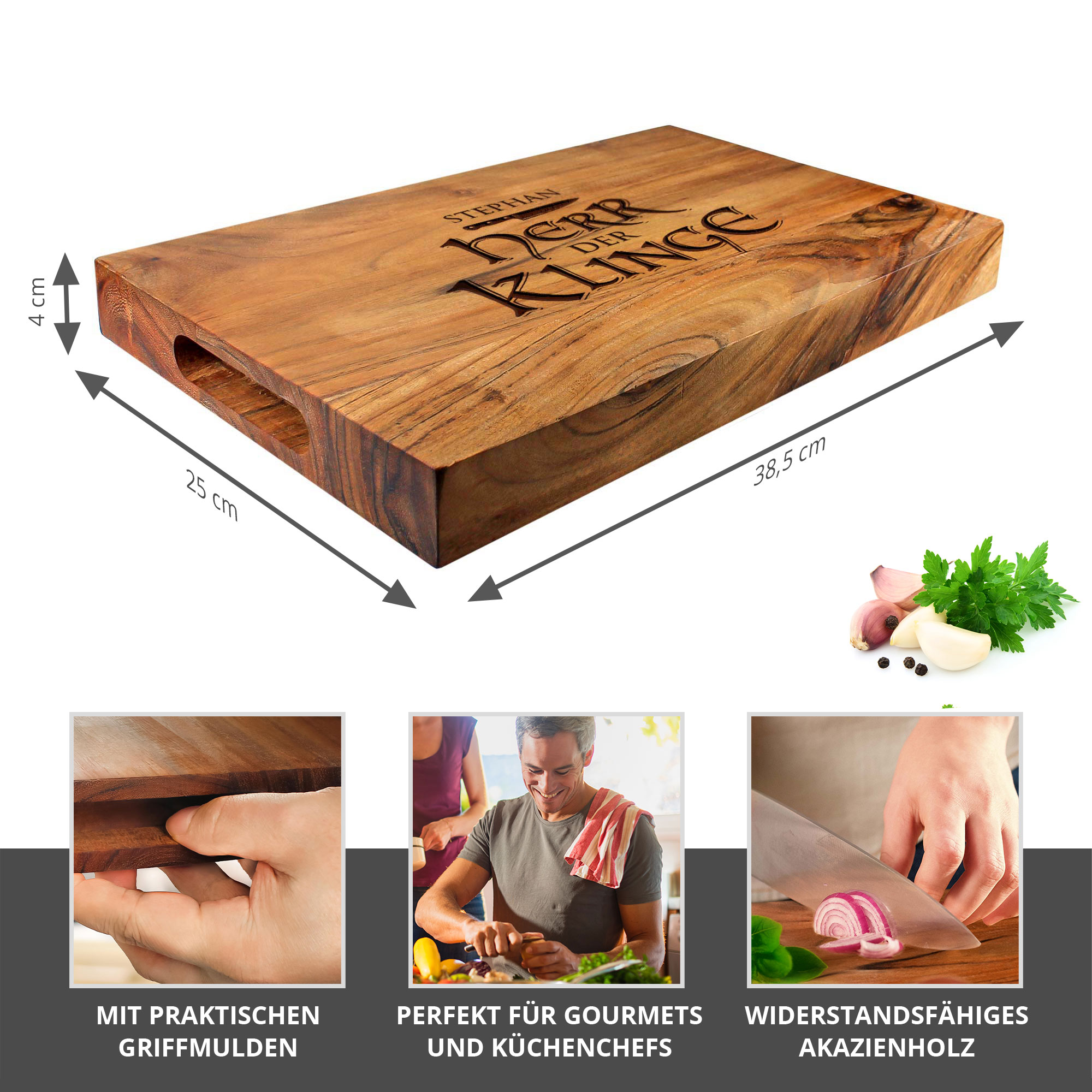 Schneideblock mit Griffmulden - Herr der Klinge Gravur