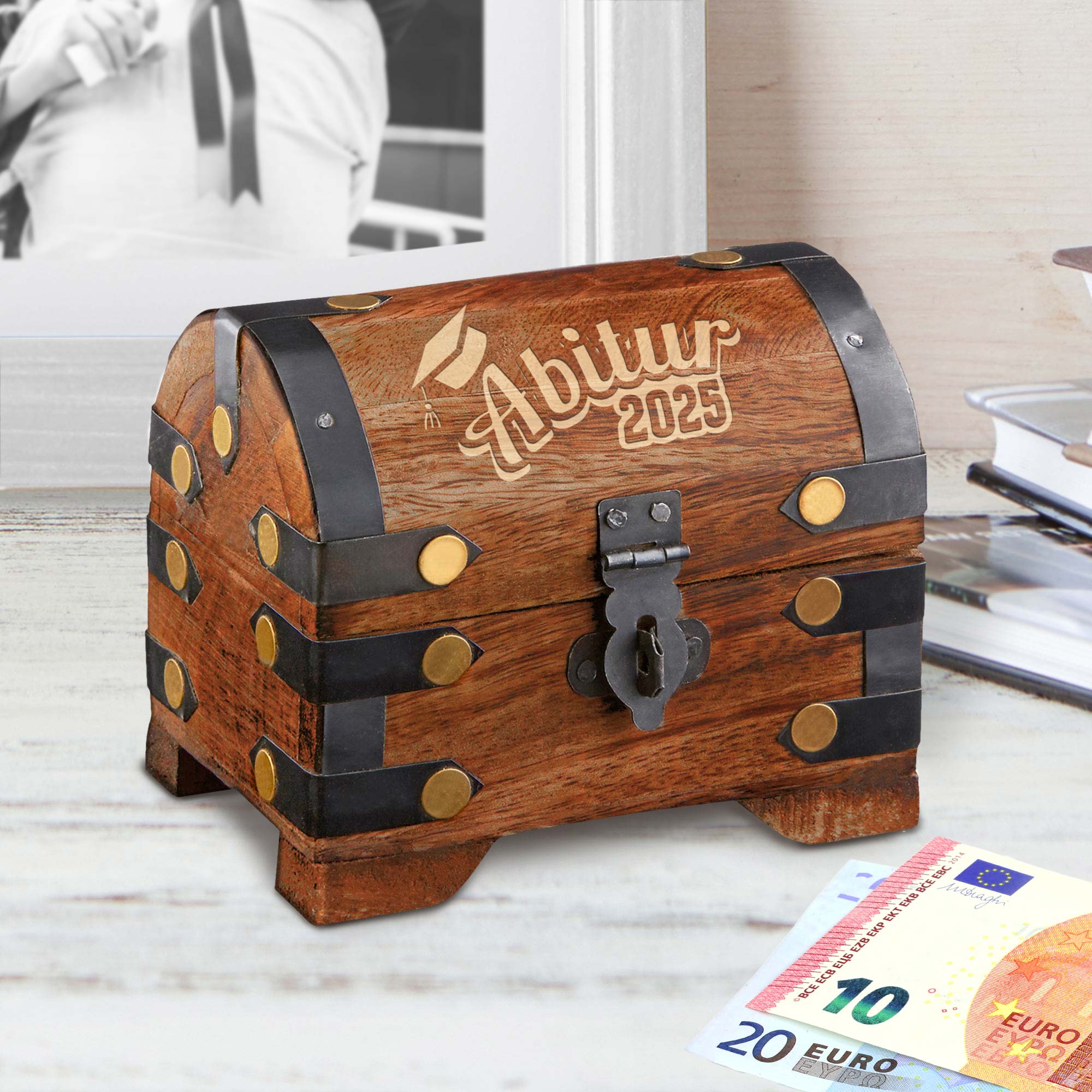 Mini Geld Schatztruhe zum Abitur Dunkel