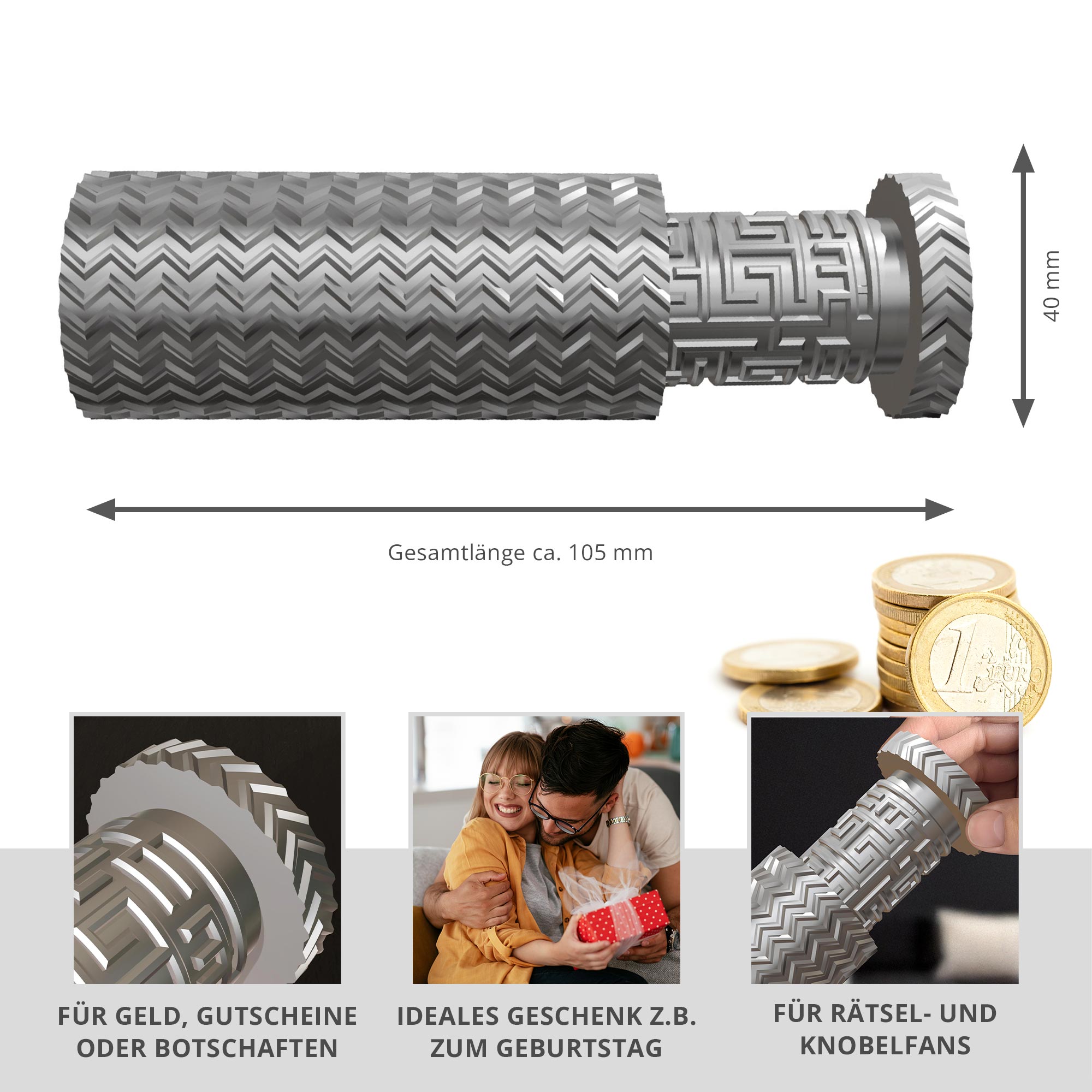 Labyrinthbox Röhre – Kniffelige Geschenkverpackung für Geld & Gutscheine - Silber