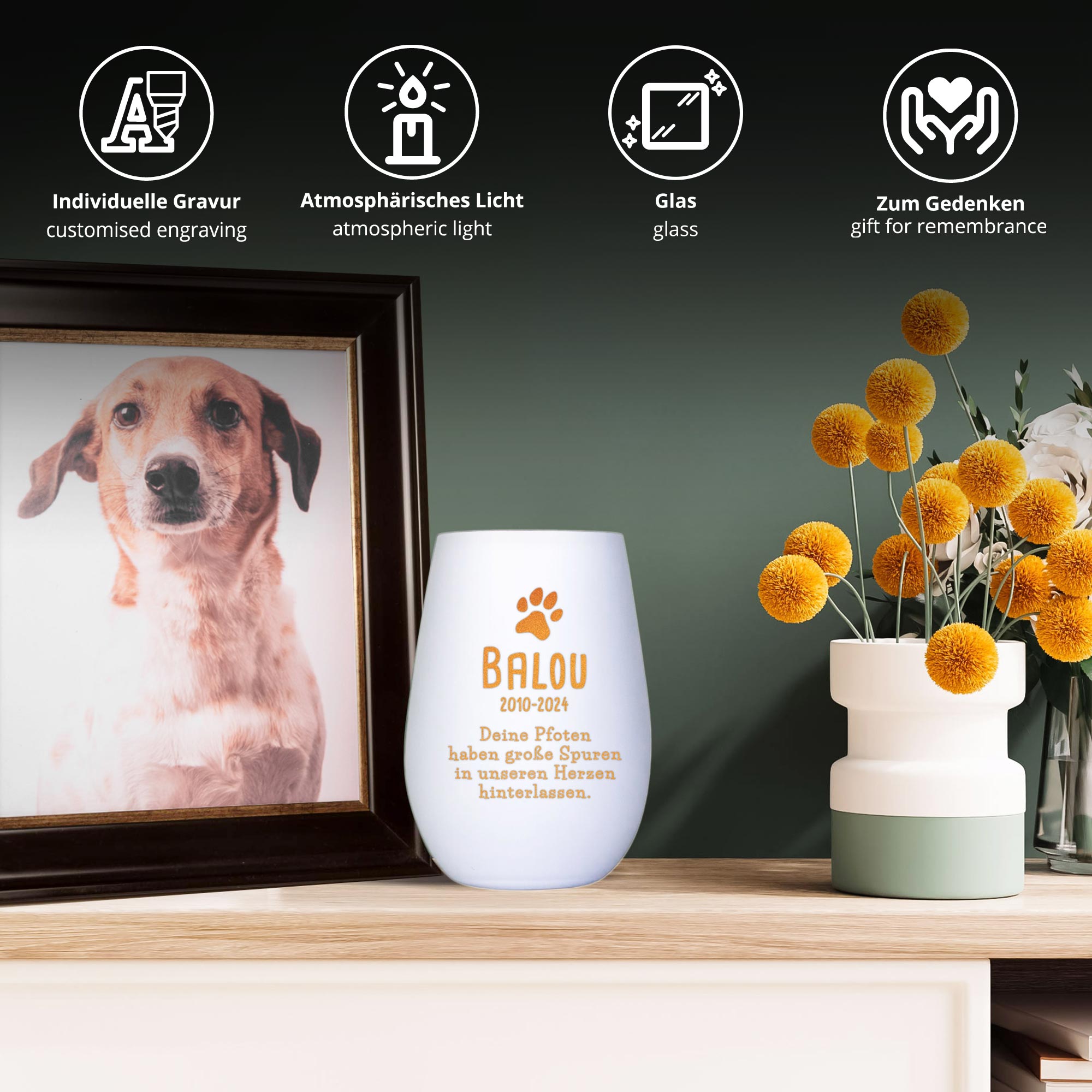 Weißes Windlicht zur Trauer für Hund - Bronze