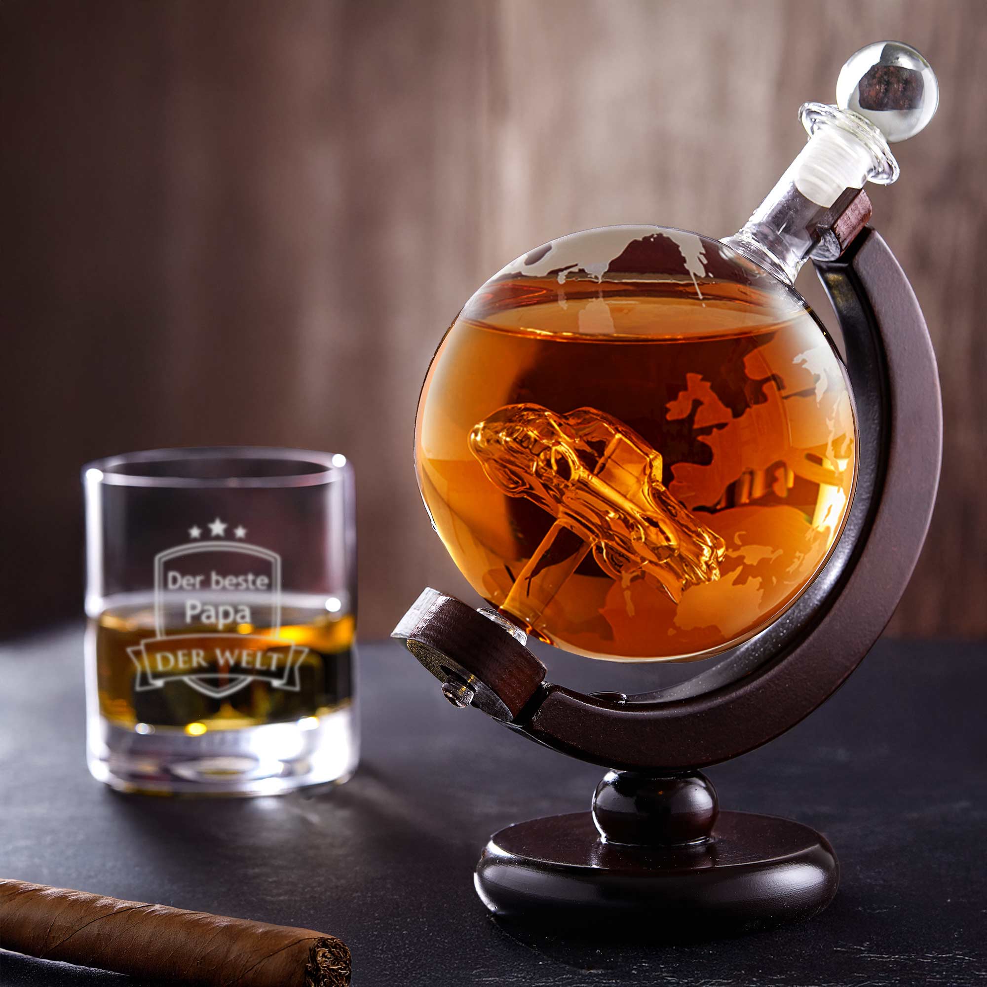 Whisky Set - Whisky Karaffe Globus mit Auto und Whiskyglas - Bester Papa