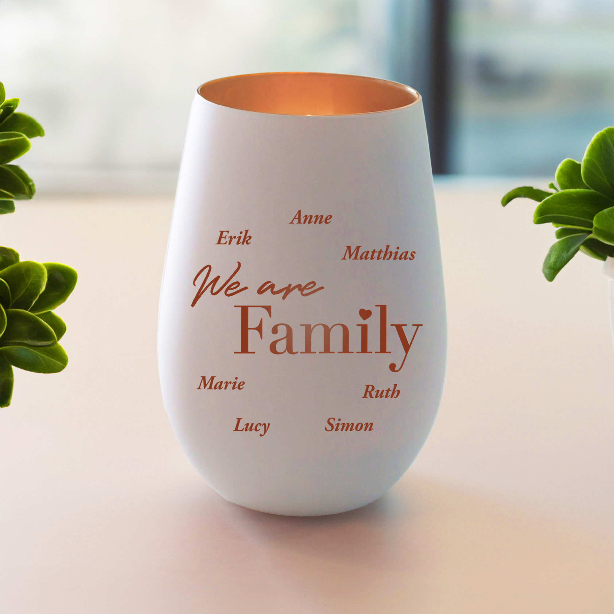 Weißes Windlicht mit Gravur Family - Bronze