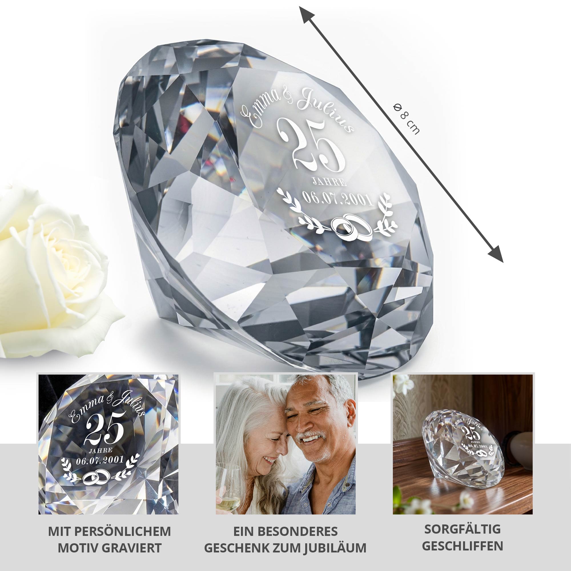 Diamant Kristall mit Gravur und Samtsäckchen - Silberhochzeit Diamant Kristall mit Gravur und Samtsäckchen - Silberhochzeit