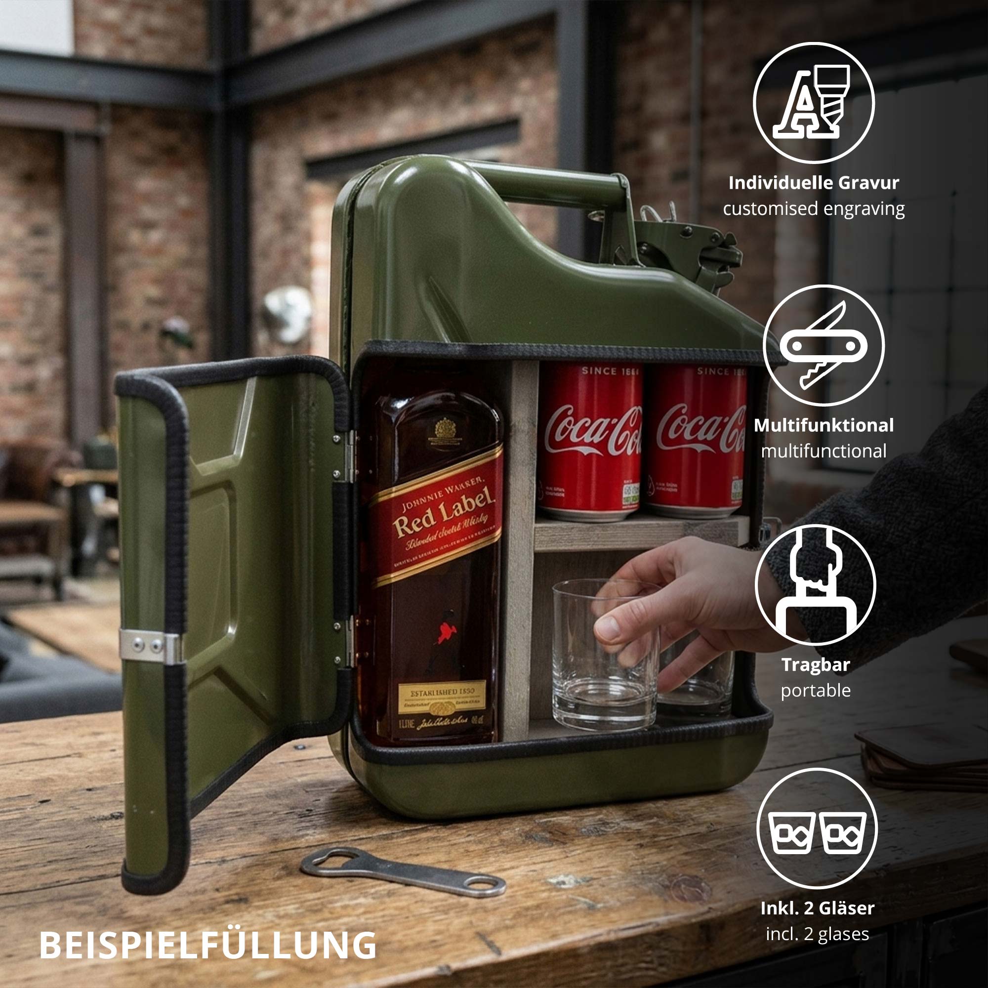 Personalisierte 10l Kanisterbar - grüne Mini Bar mit Barschrank 3-teilig Personalisierte 10l Kanisterbar - grüne Mini Bar mit Barschrank 3-teilig
