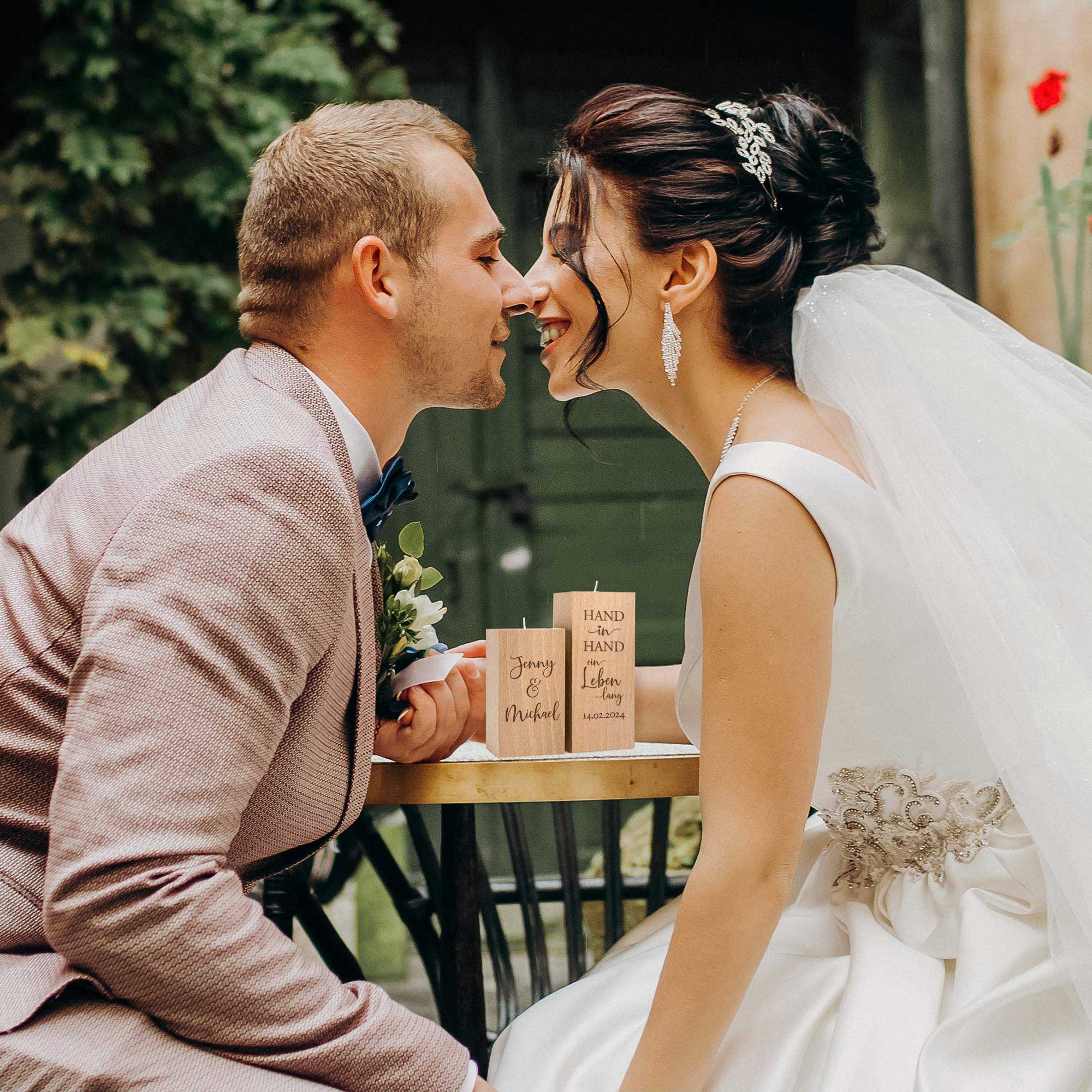 Teelichthalter Set - Eckig - Hochzeitspruch - Hand in Hand - Personalisiert
