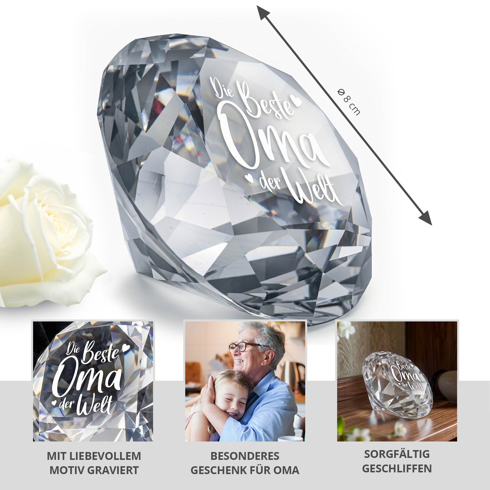 Diamant Kristall mit Gravur und Samtsäckchen - Beste Oma