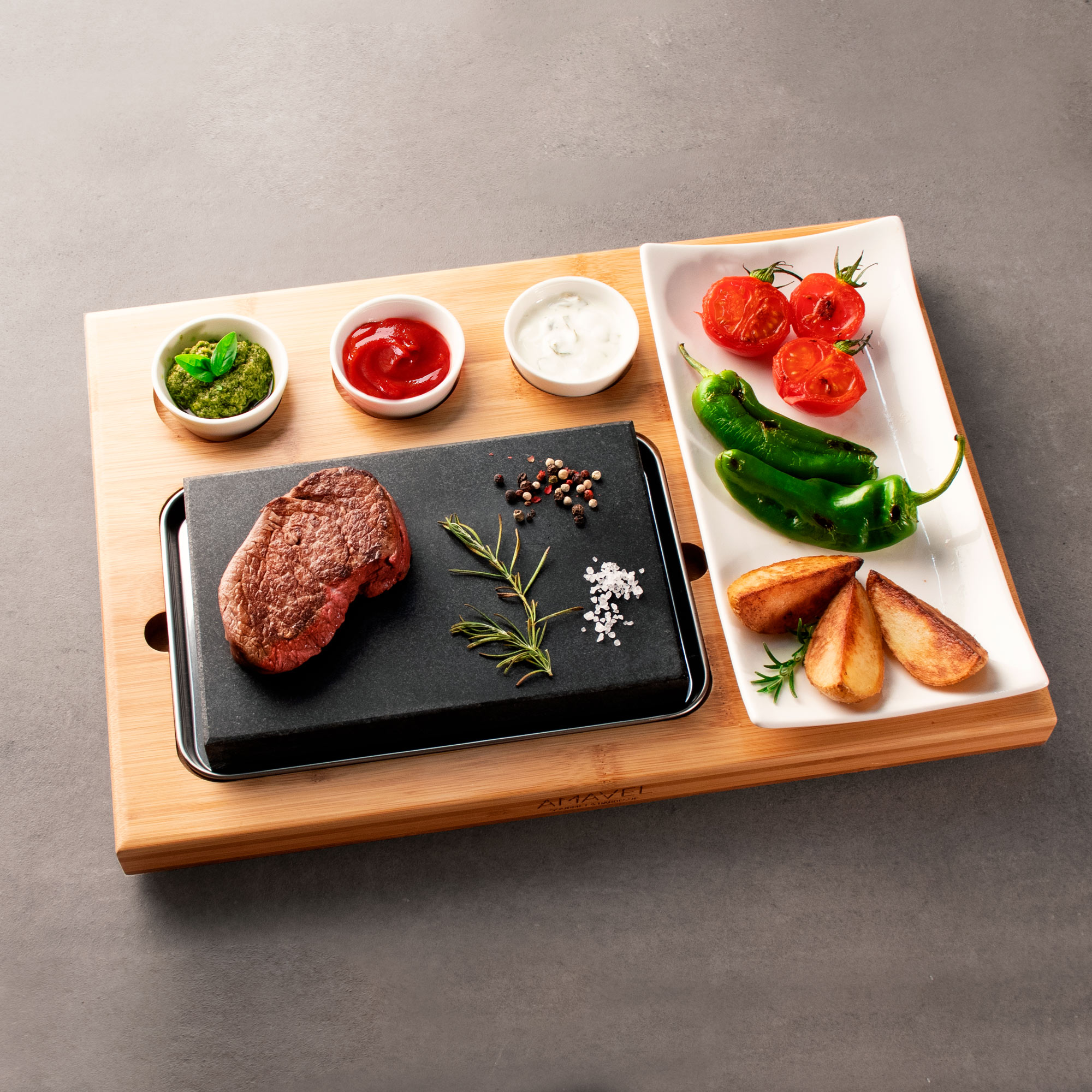 Steingrill Set für Lavastein Steak mit Servierschalen - 7-teilig