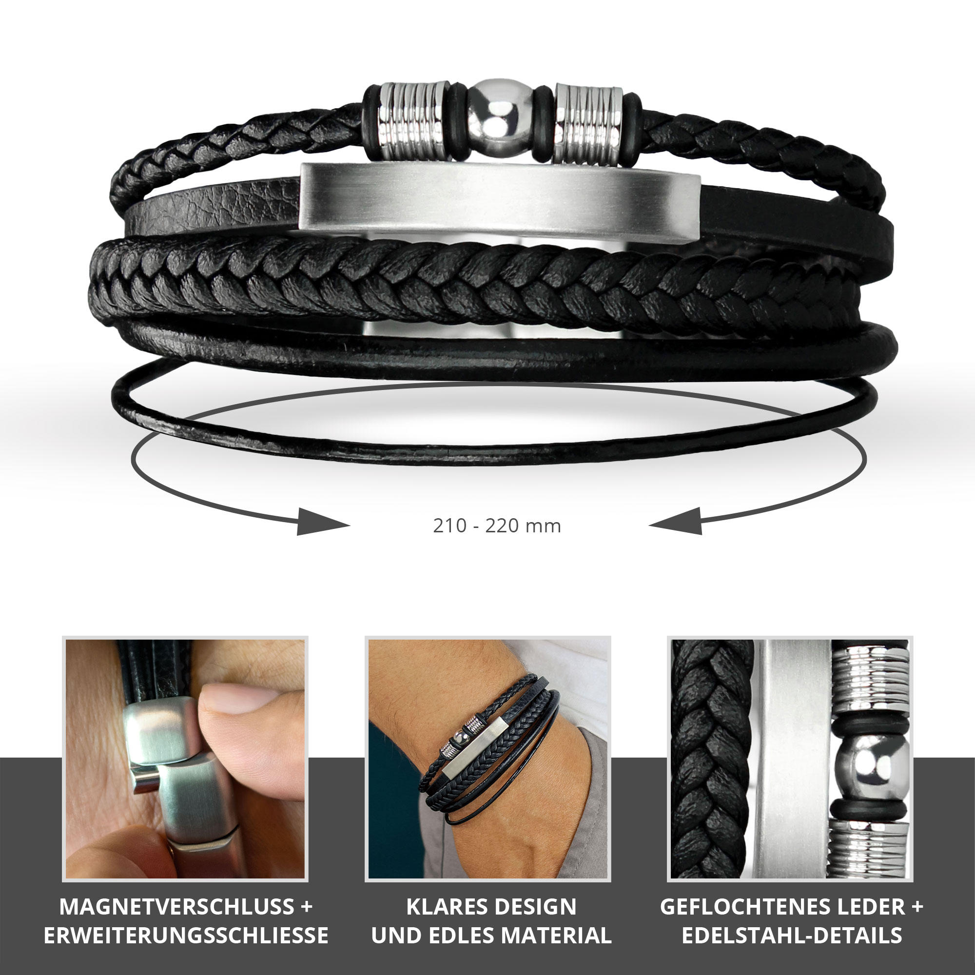 Geflochtenes Lederarmband mit Beads Silber - Herren Armband