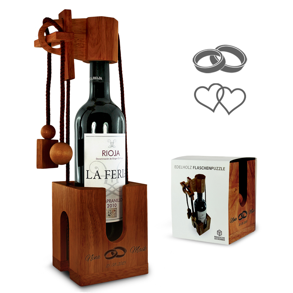 Graviertes Edelholz Flaschenpuzzle zur Hochzeit 2165 Graviertes Edelholz Flaschenpuzzle zur Hochzeit 2165
