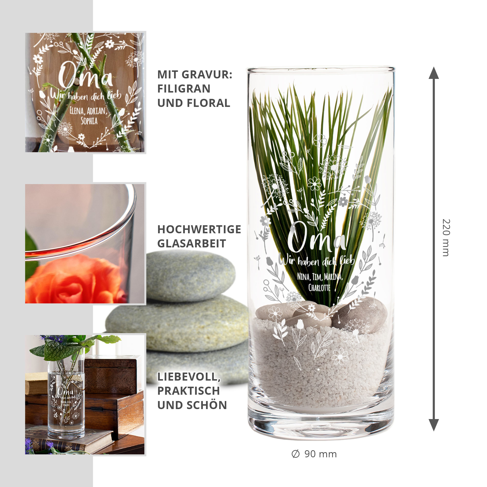 Runde Vase mit Gravur - Blumenherz für Oma 2135-119-MZ - 1