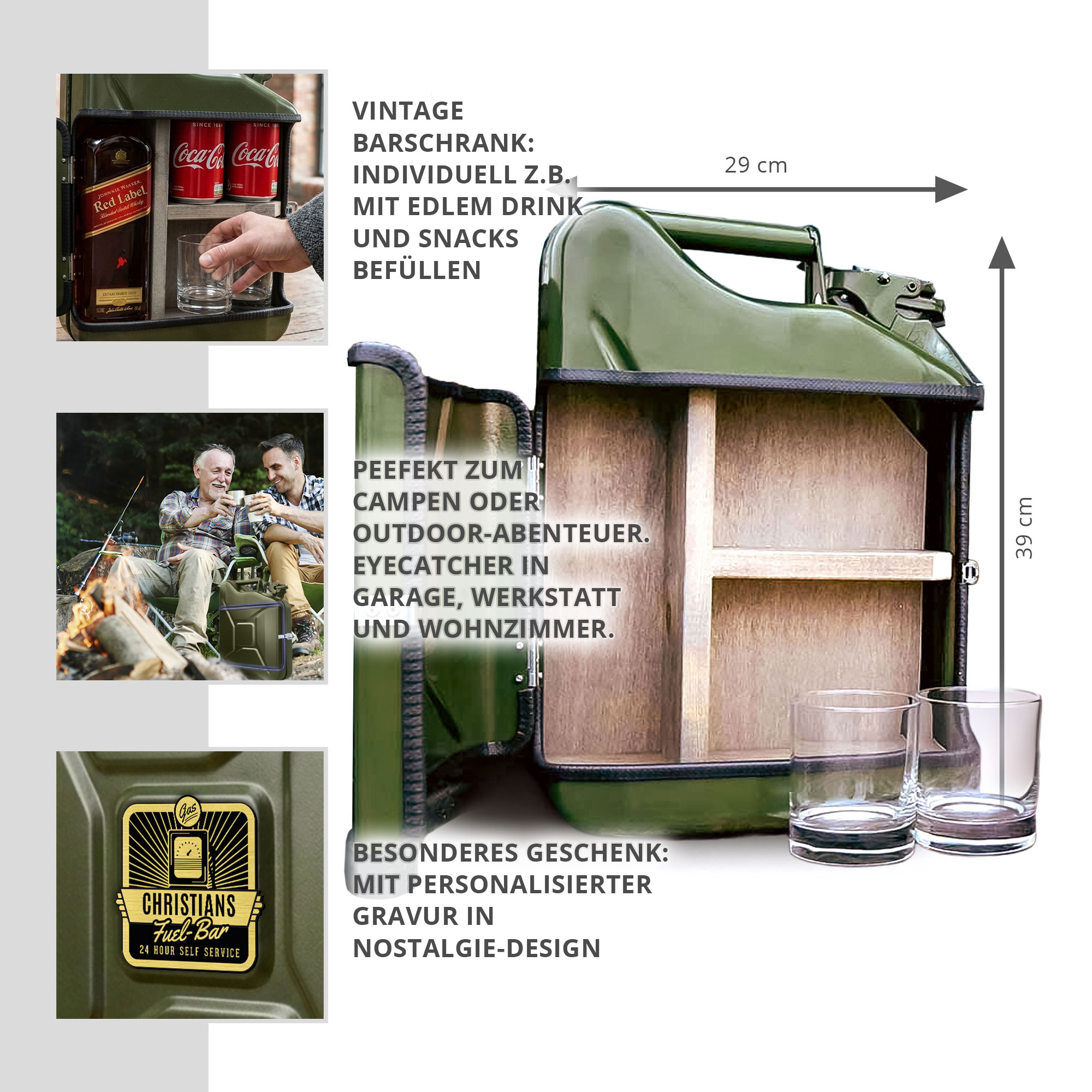 Personalisierte 10l Kanisterbar - grüne Mini Bar mit Barschrank 3-teilig Personalisierte 10l Kanisterbar - grüne Mini Bar mit Barschrank 3-teilig