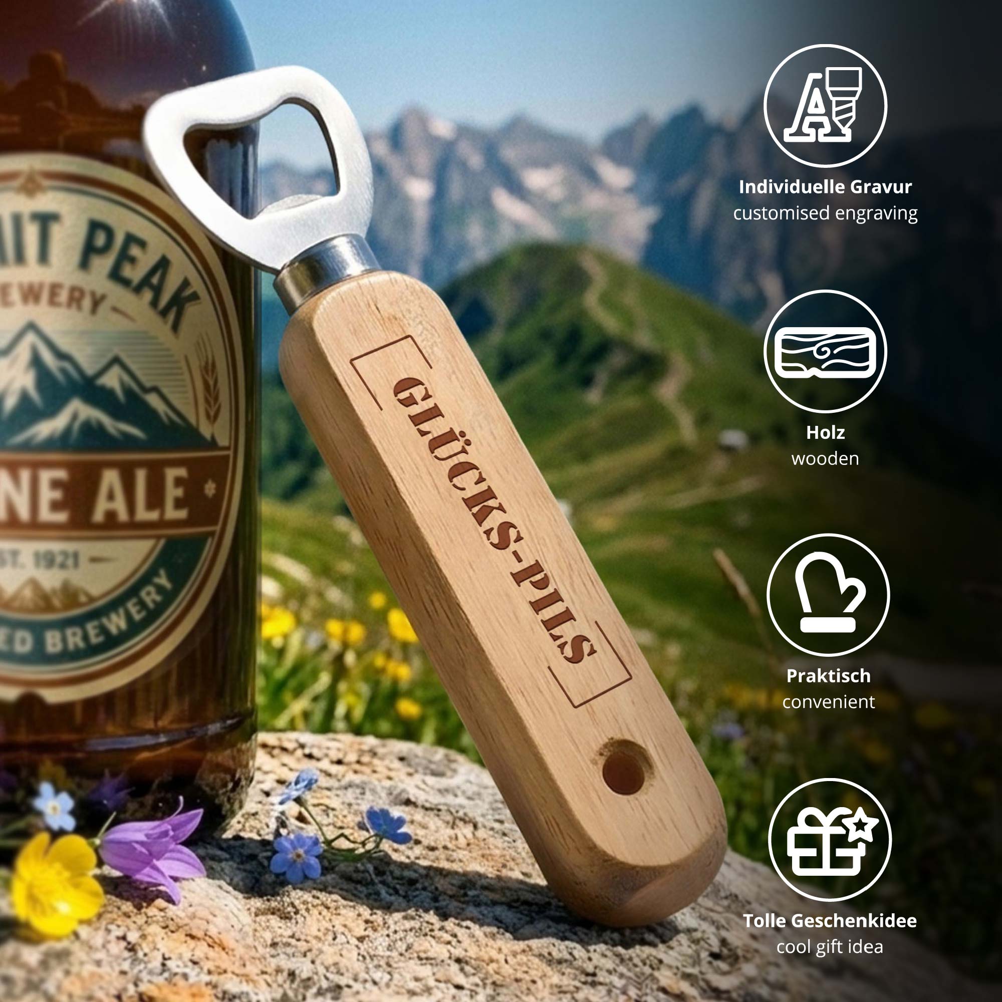 Personalisierter Flaschenöffner aus Holz - Stempel