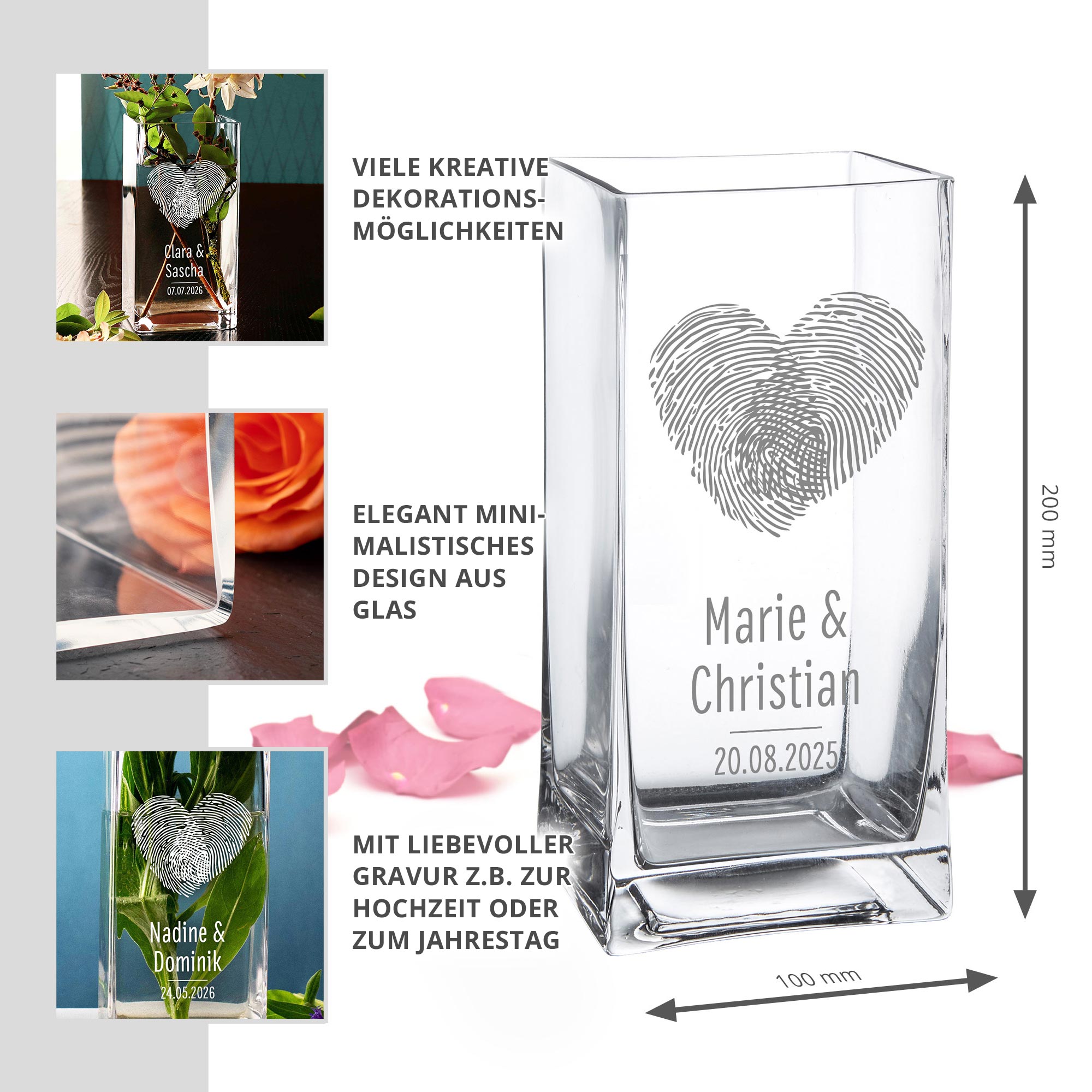 Eckige Vase mit Gravur - Fingerabdruck Herz