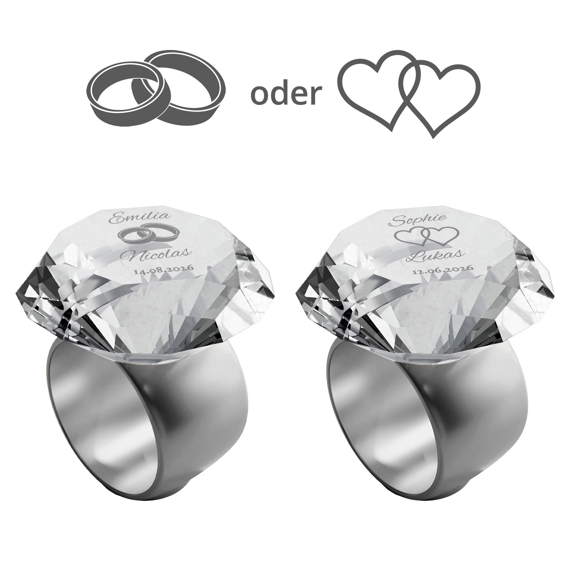 Diamant Kristall mit Gravur zur Hochzeit und Ring Displayständer Silber