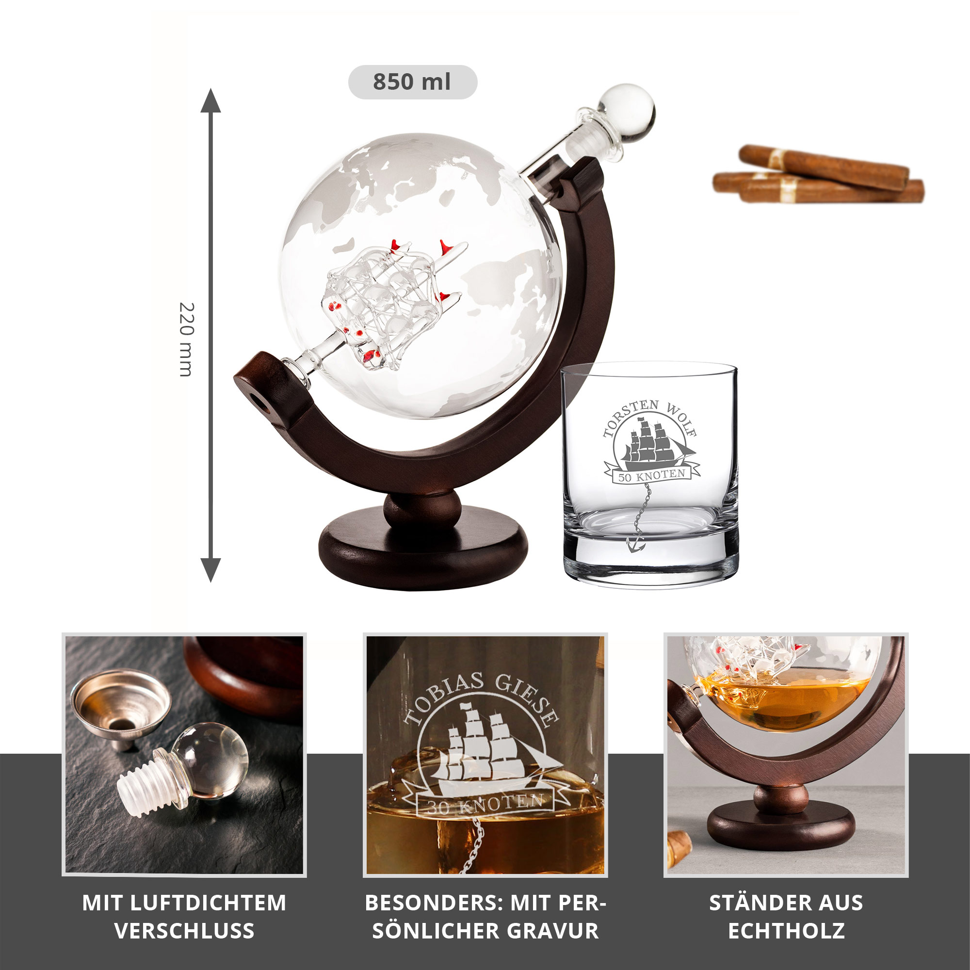 Rum Set mit Globus Karaffe und Glas - Segelschiff
