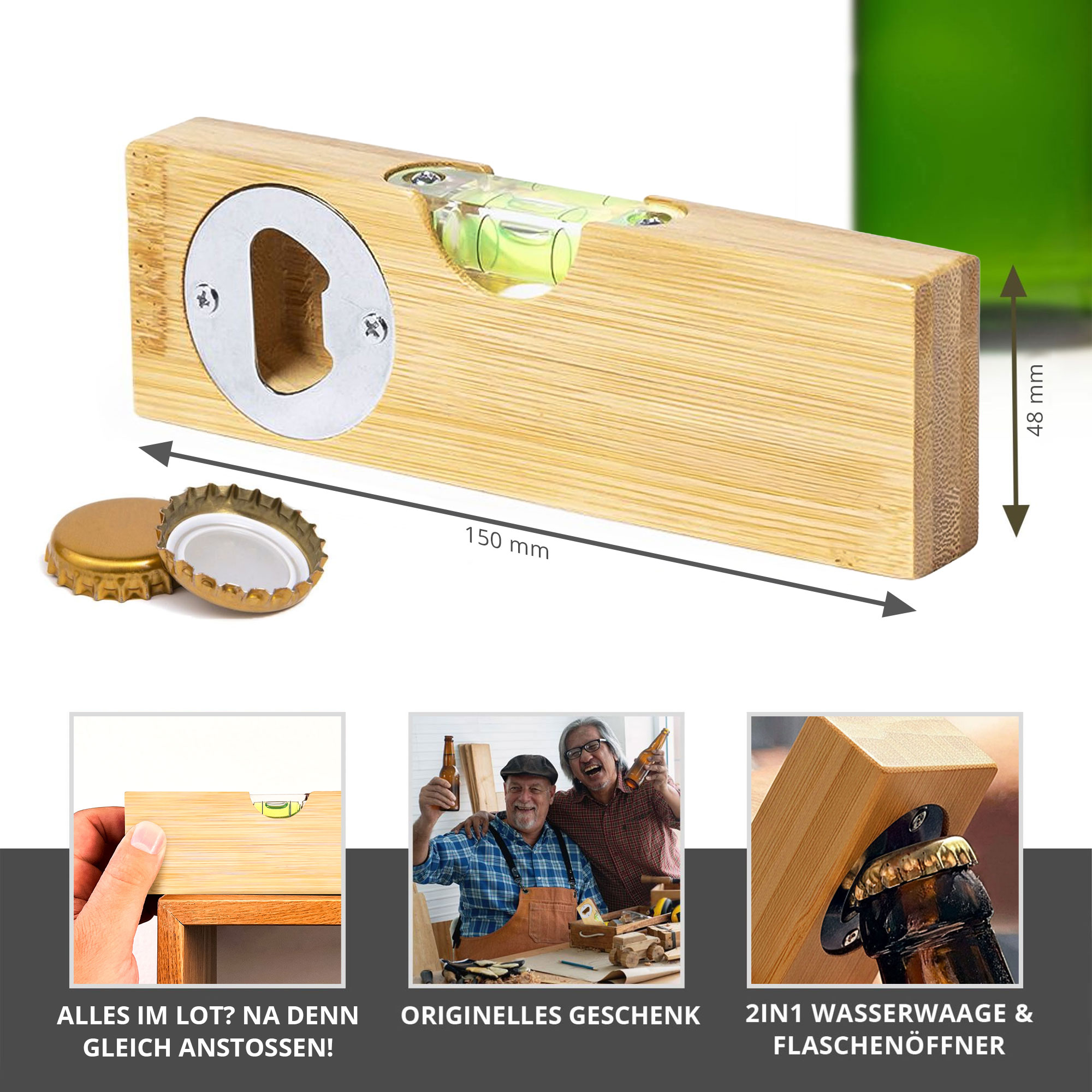 Wasserwaage mit Flaschenöffner aus Holz Wasserwaage mit Flaschenöffner aus Holz