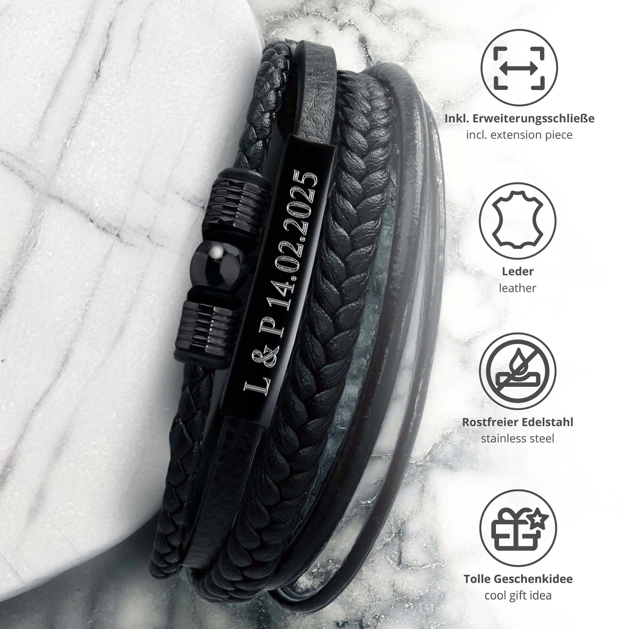 Geflochtenes Lederarmband mit Beads Schwarz - mit Gravur