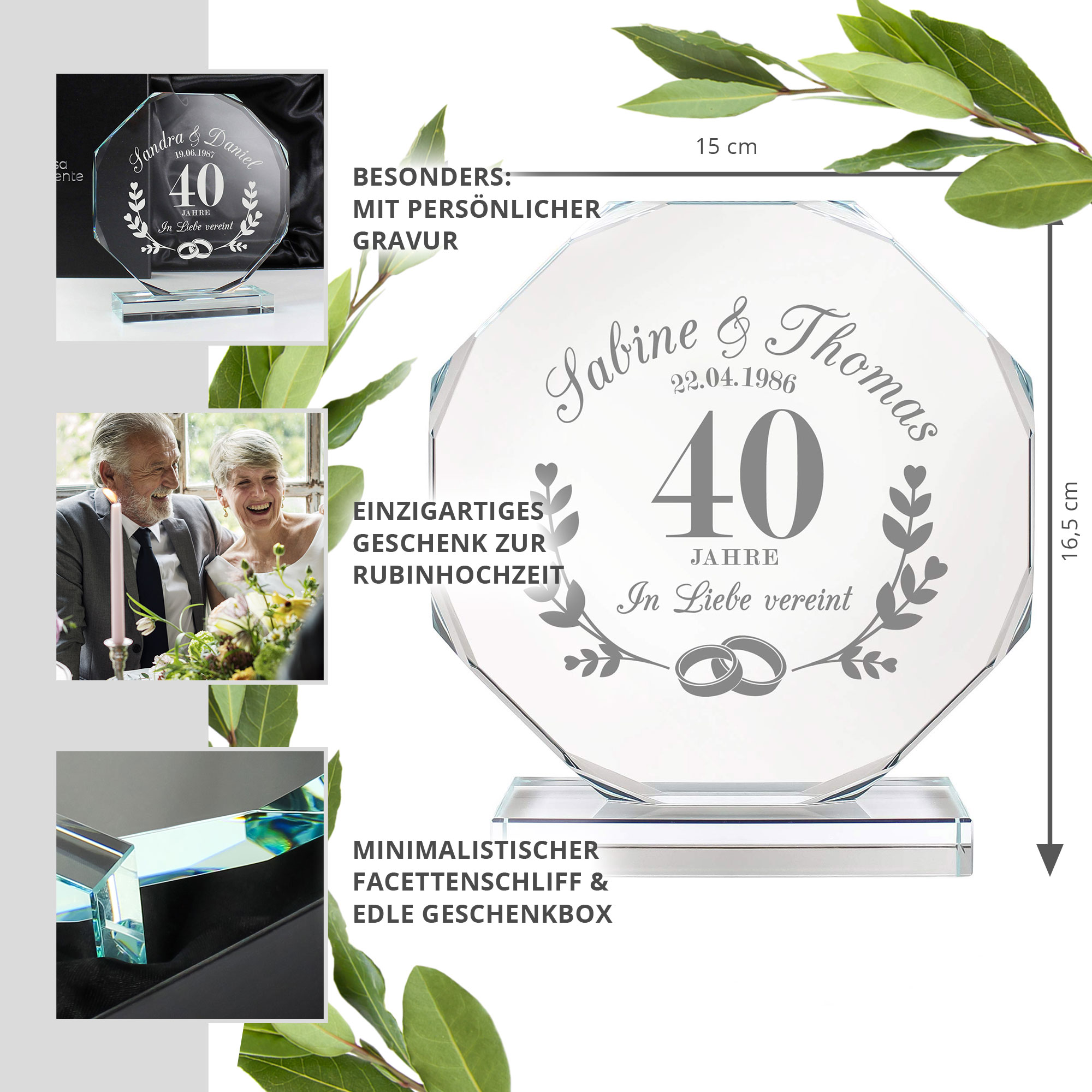 Personalisierter Glaspokal mit Facettenschliff zur Rubinhochzeit - 40 Jahre Personalisierter Glaspokal mit Facettenschliff zur Rubinhochzeit - 40 Jahre