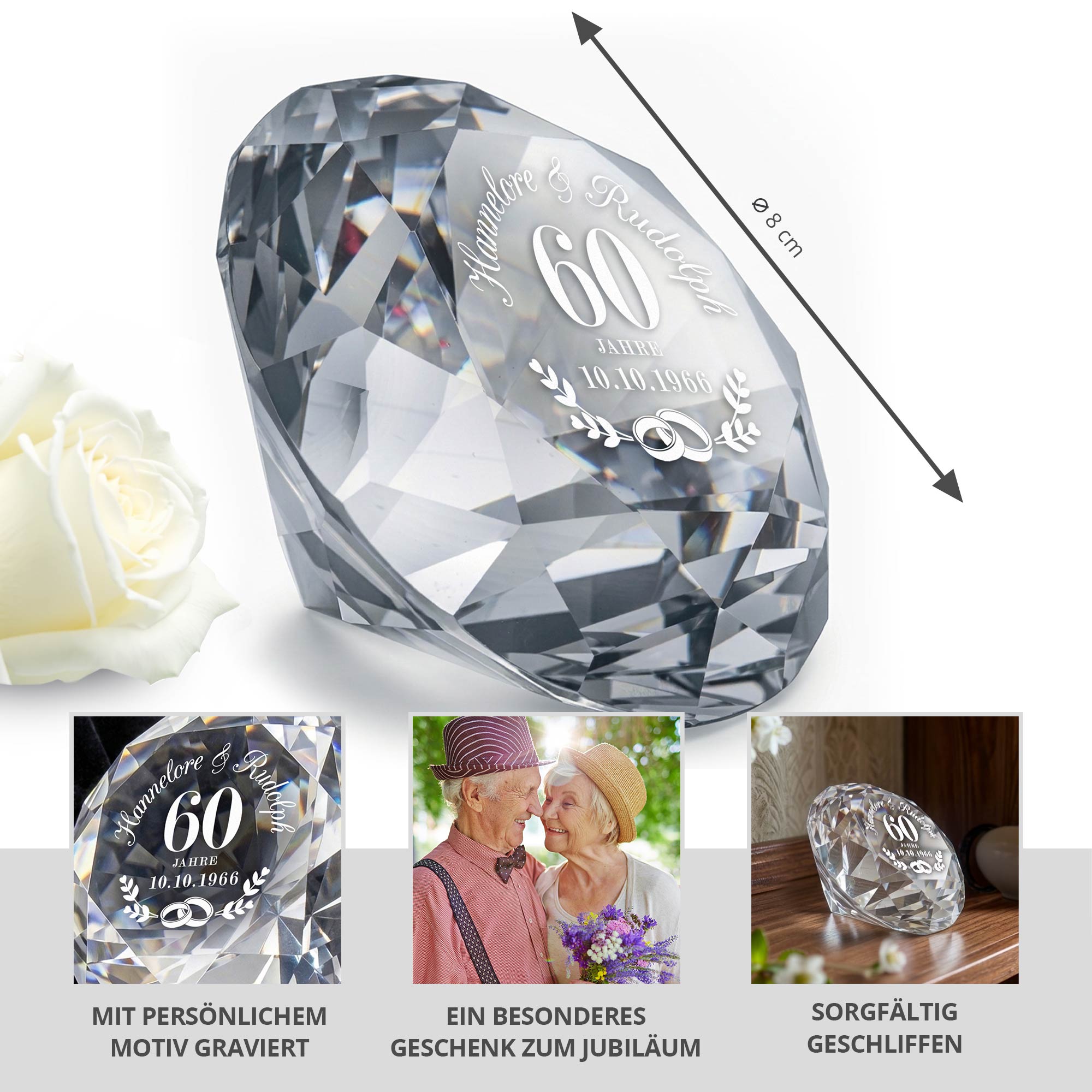 Diamant Kristall mit Gravur und Samtsäckchen - Diamanthochzeit