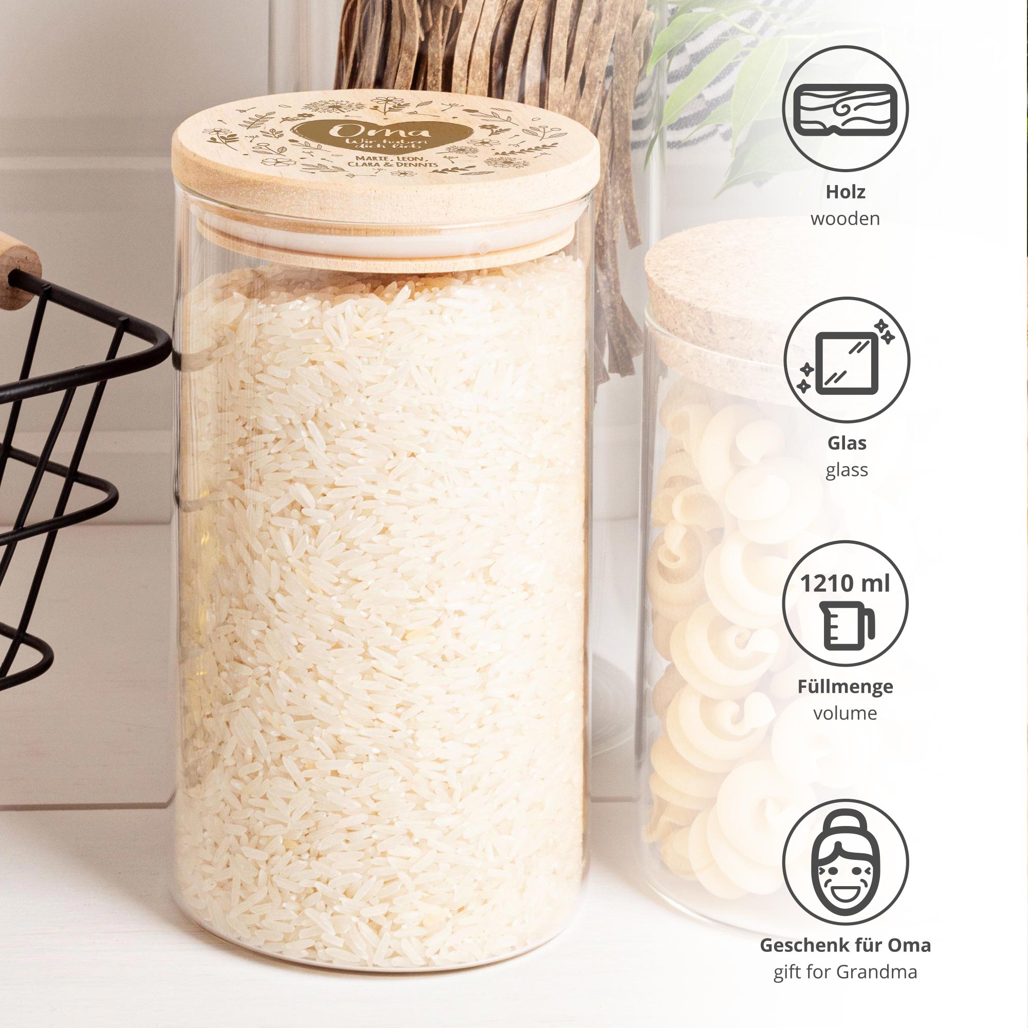 Vorratsglas mit Gravur - Blumenherz für Oma