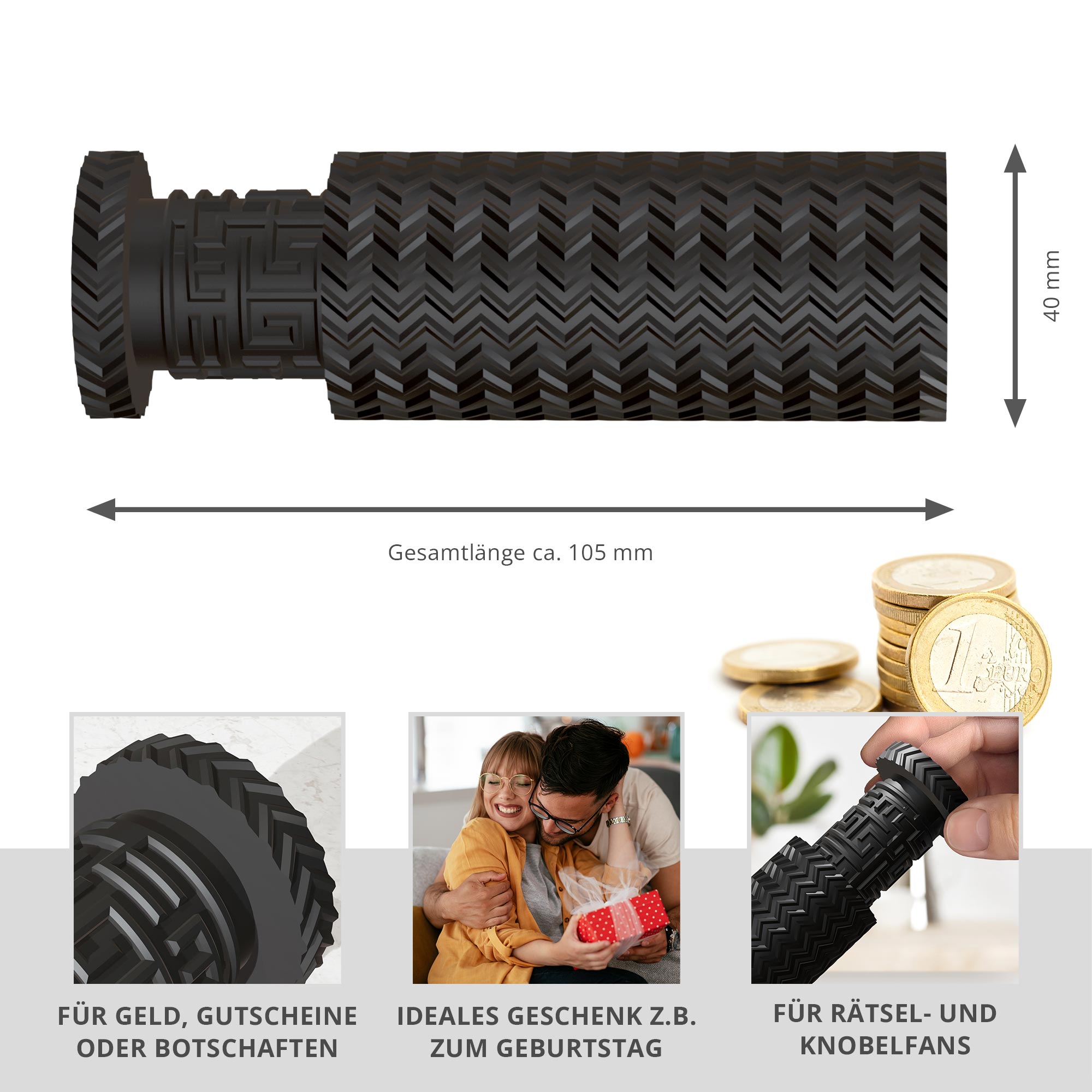 Labyrinthbox Röhre – Kniffelige Geschenkverpackung für Geld & Gutscheine - Schwarz