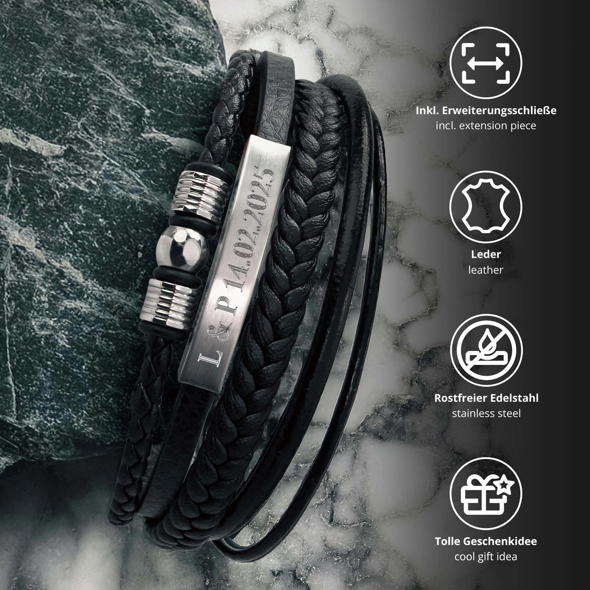 Geflochtenes Lederarmband mit Beads Silber - mit Gravur Geflochtenes Lederarmband mit Beads Silber - mit Gravur