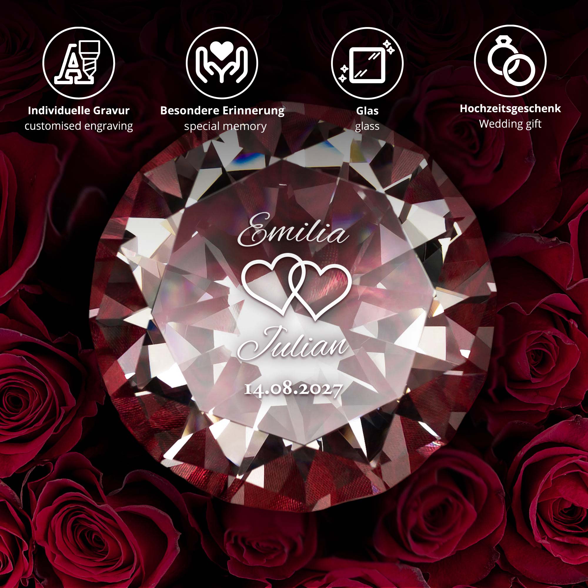 Diamant Kristall mit Gravur zur Hochzeit und Ring Displayständer Silber Diamant Kristall mit Gravur zur Hochzeit und Ring Displayständer Silber