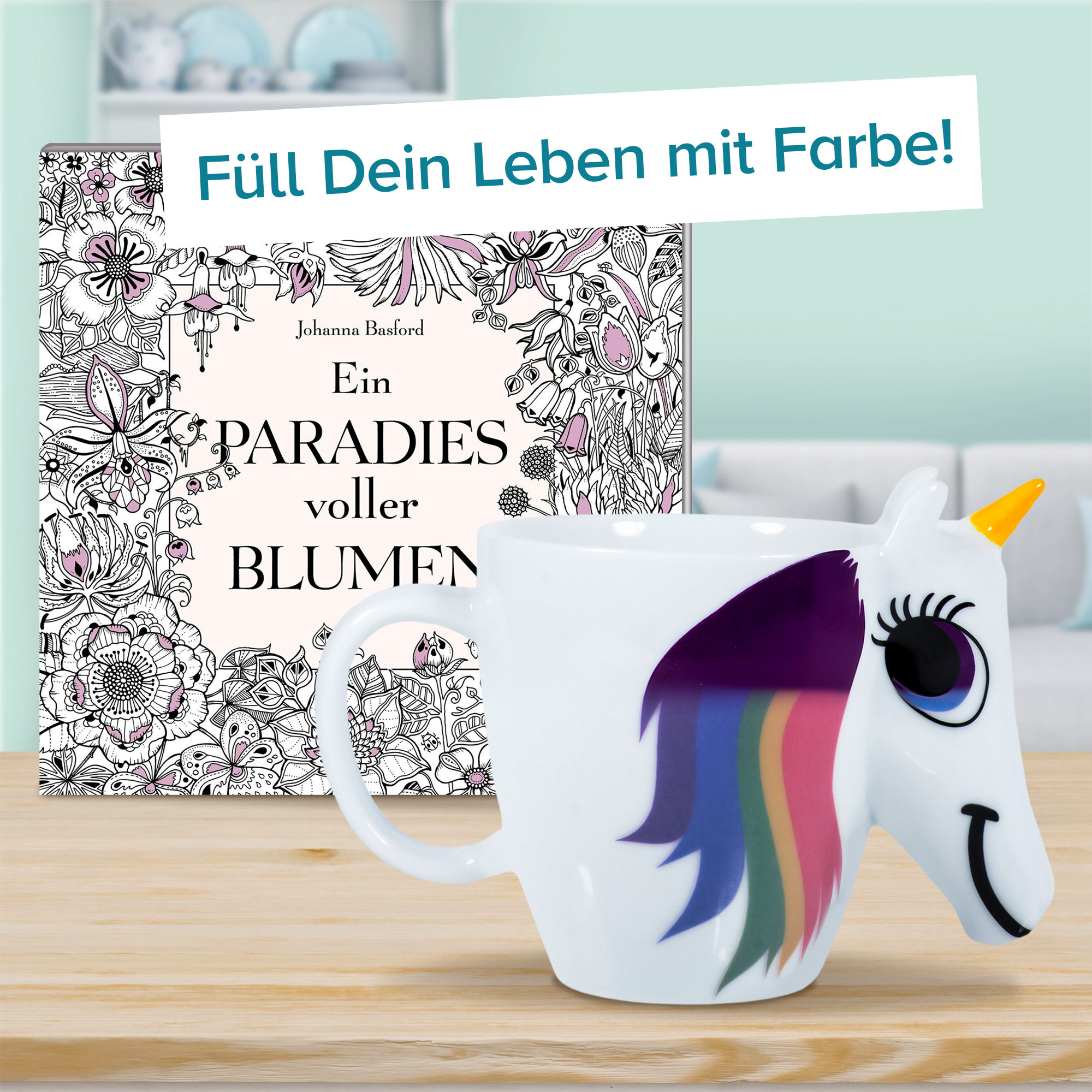 Geschenkset Einhorn Zaubertasse mit Ausmalbuch Blumen 4003 - 11