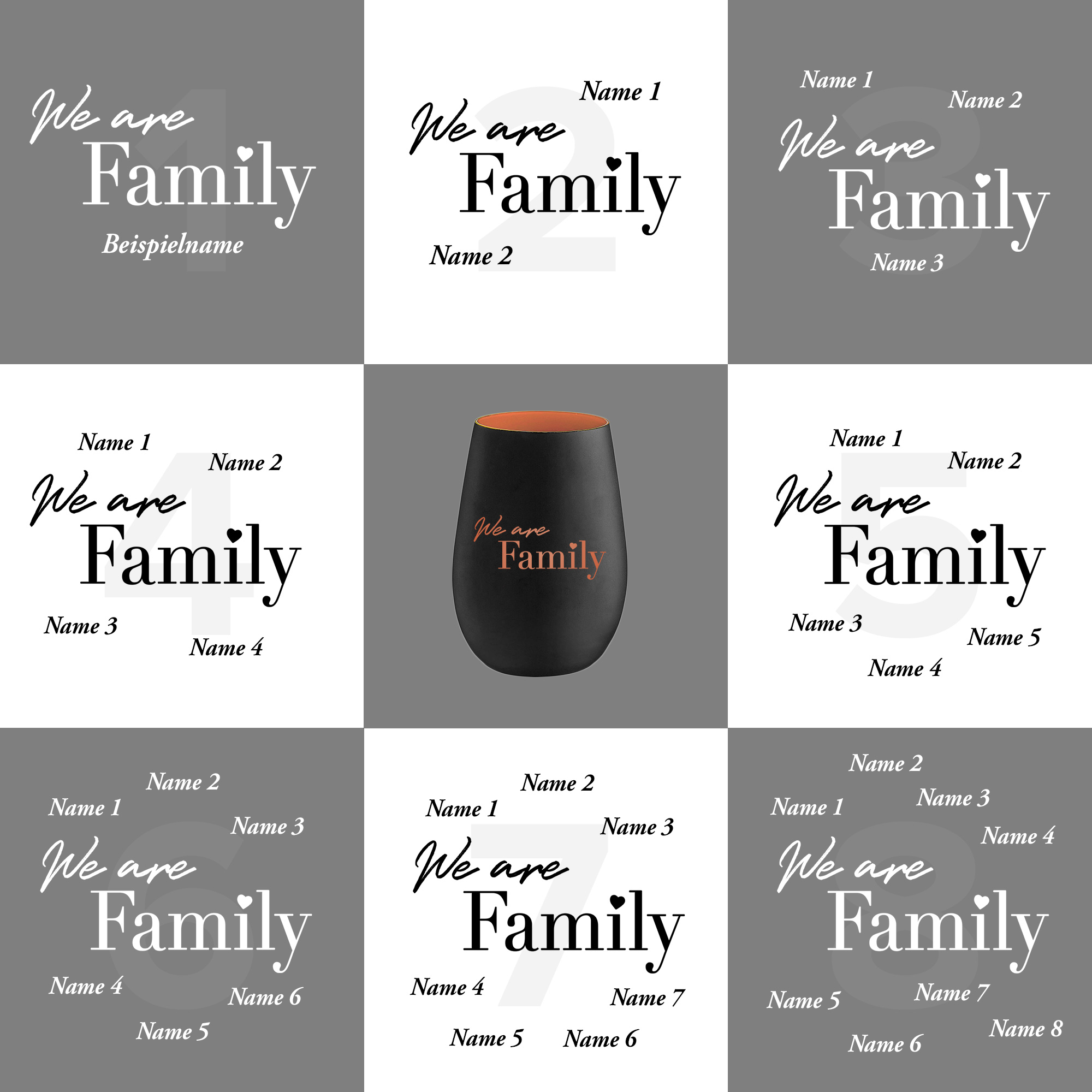 Schwarzes Windlicht mit Gravur Family - Bronze