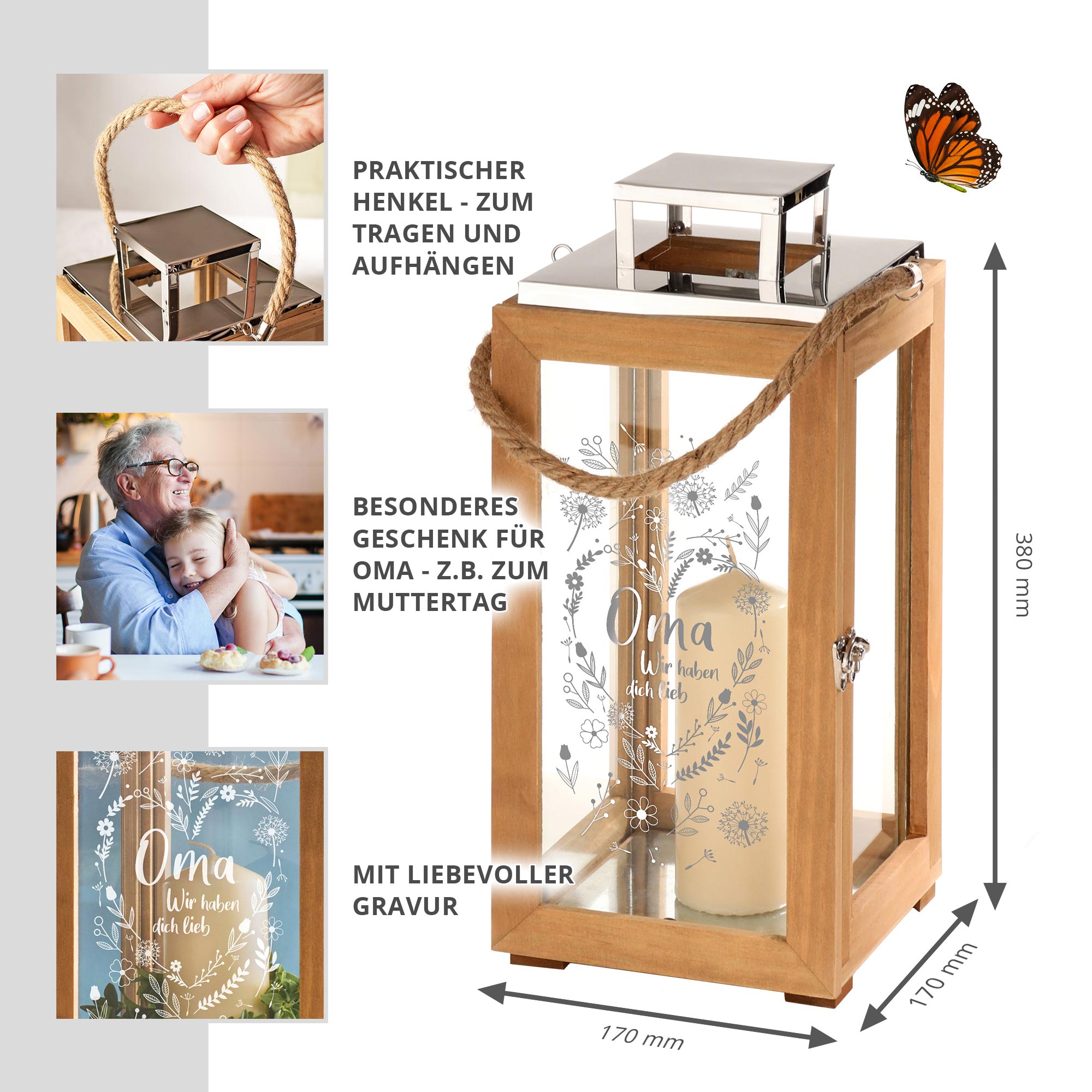 Holz Laterne für Oma - Windlicht mit Blumenherz Gravur