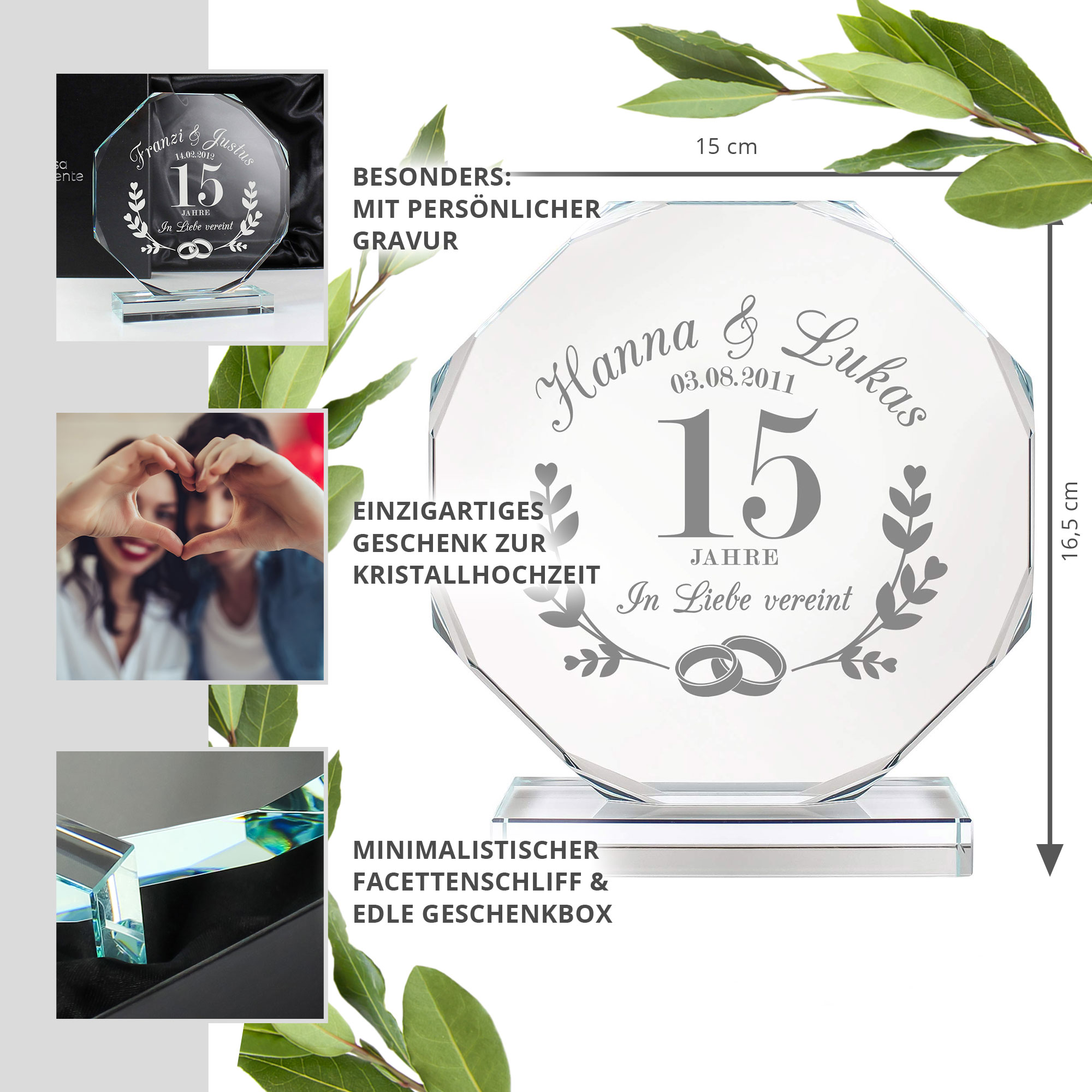 Personalisierter Glaspokal mit Facettenschliff zur Kristallhochzeit - 15 Jahre Personalisierter Glaspokal mit Facettenschliff zur Kristallhochzeit - 15 Jahre