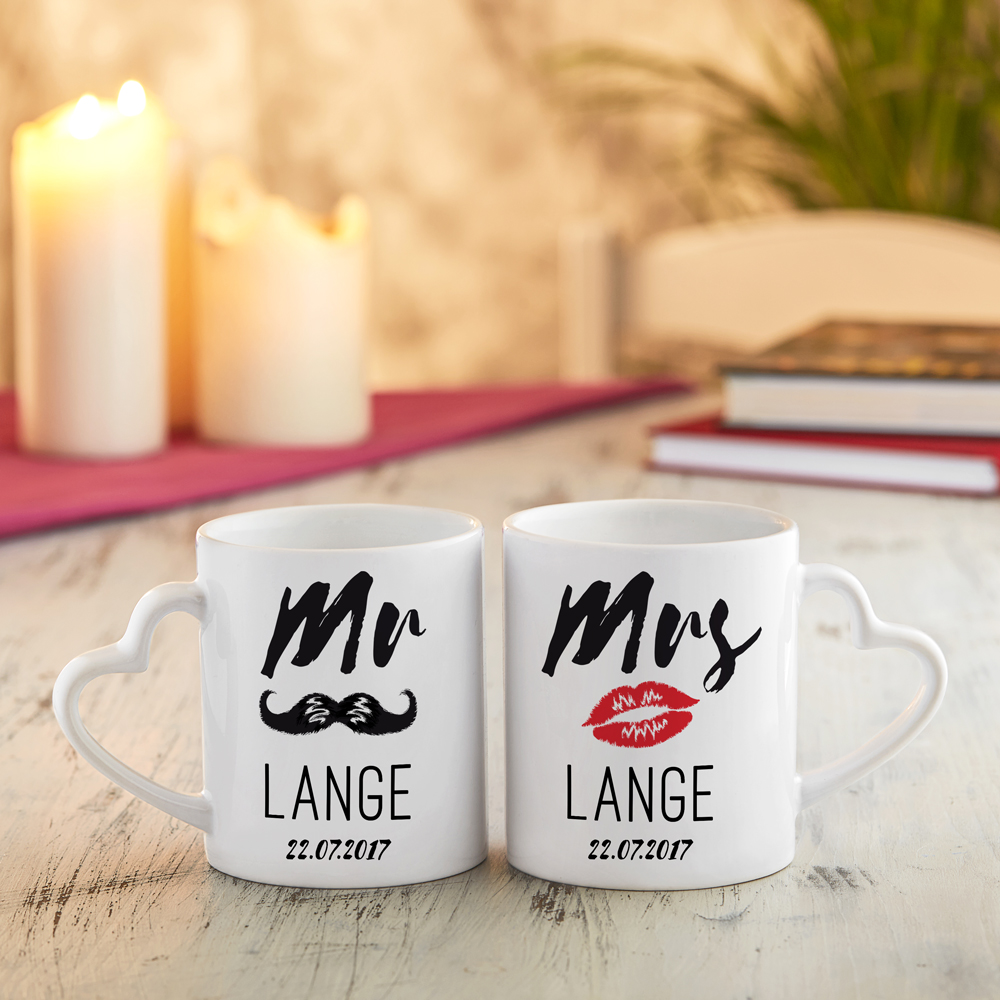 Personalisiertes Herz Henkeltasse Set - Mr and Mrs 3129