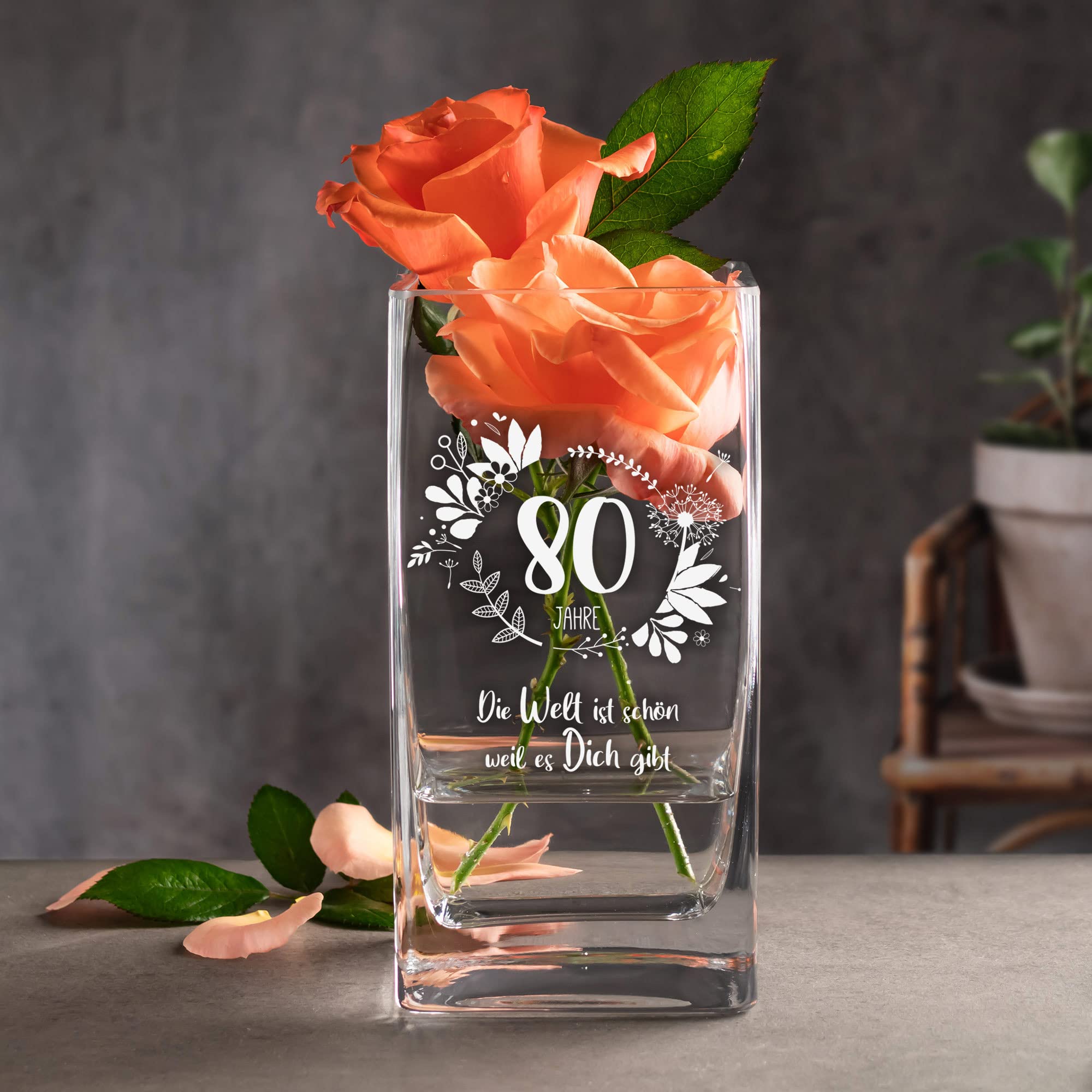Eckige Vase mit Gravur - 80. Geburtstag