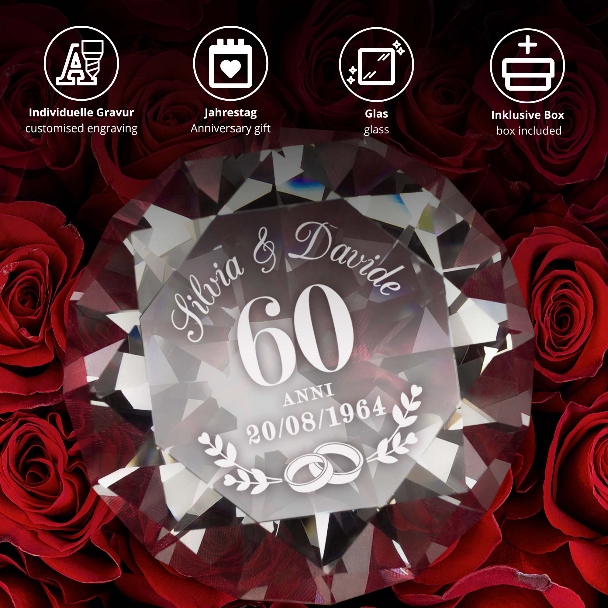 Diamant Kristall mit Gravur zur Diamant Hochzeit und Ring Displayständer Silber