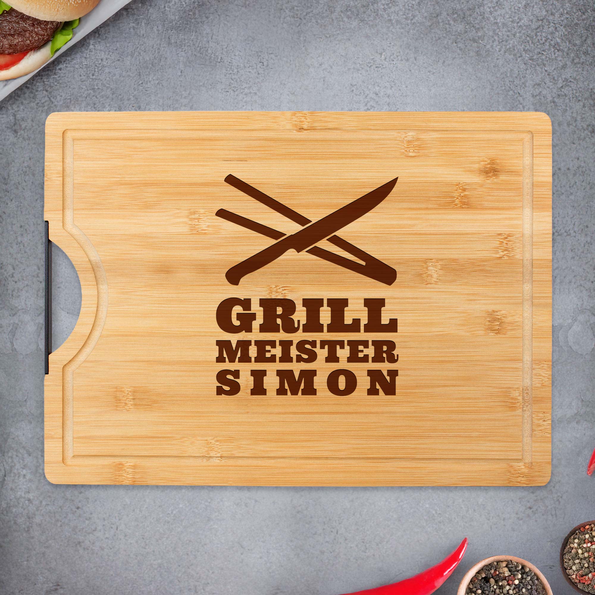 Bambusholz Schneidebrett mit Grillmeister Gravur