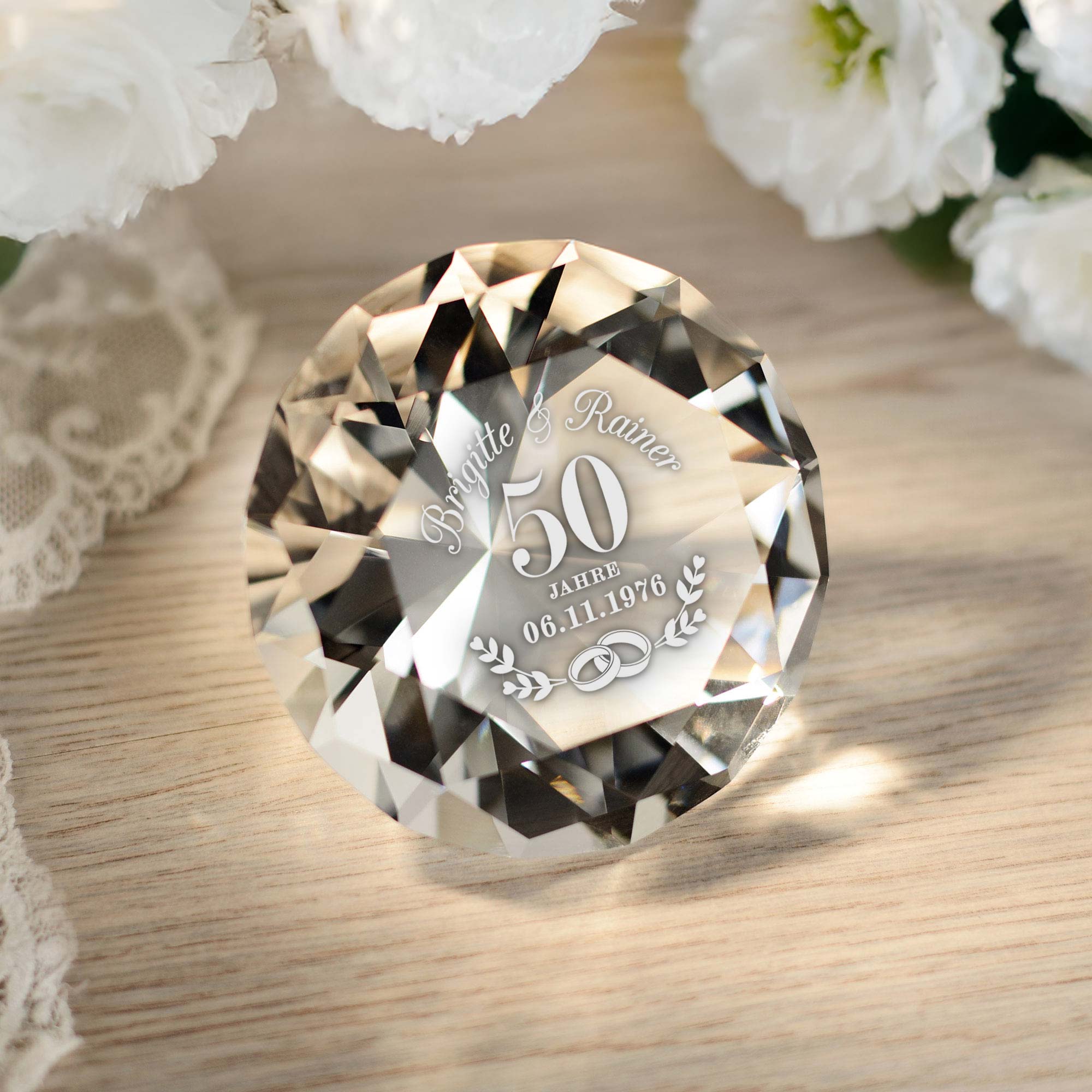 Diamant Kristall mit Gravur zur goldenen Hochzeit