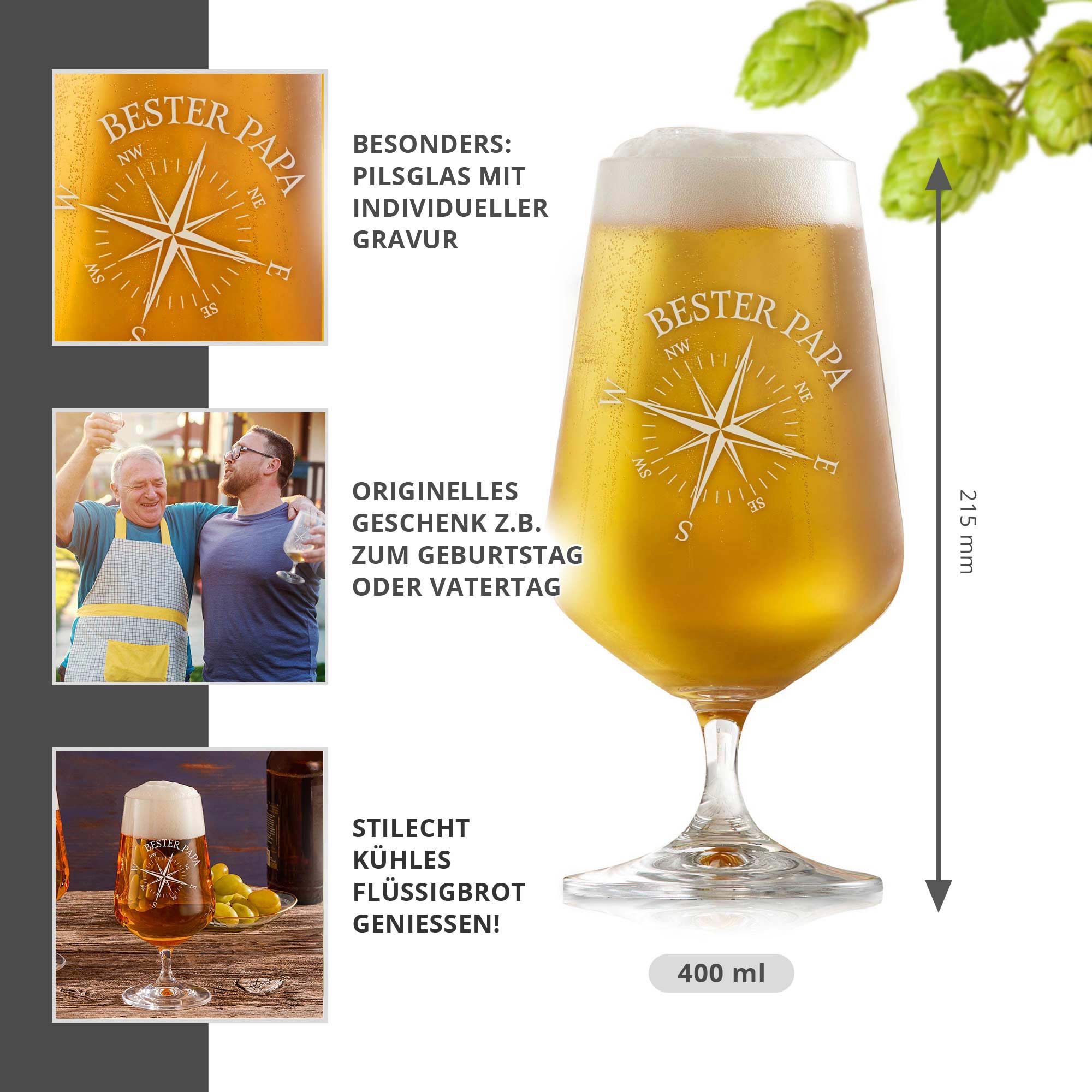 Bierglas mit Gravur für Papa - Kompass