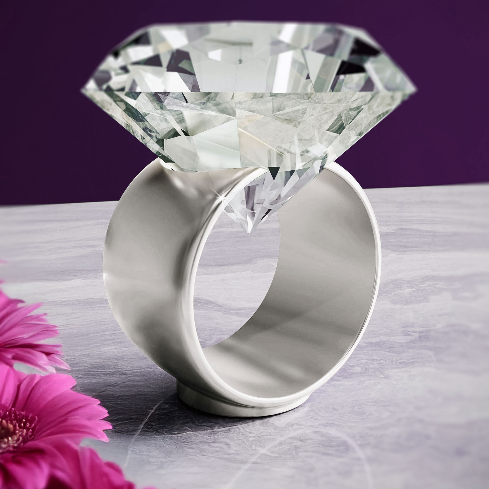 Diamant Kristall mit Gravur zur Hochzeit und Ring Displayständer Silber