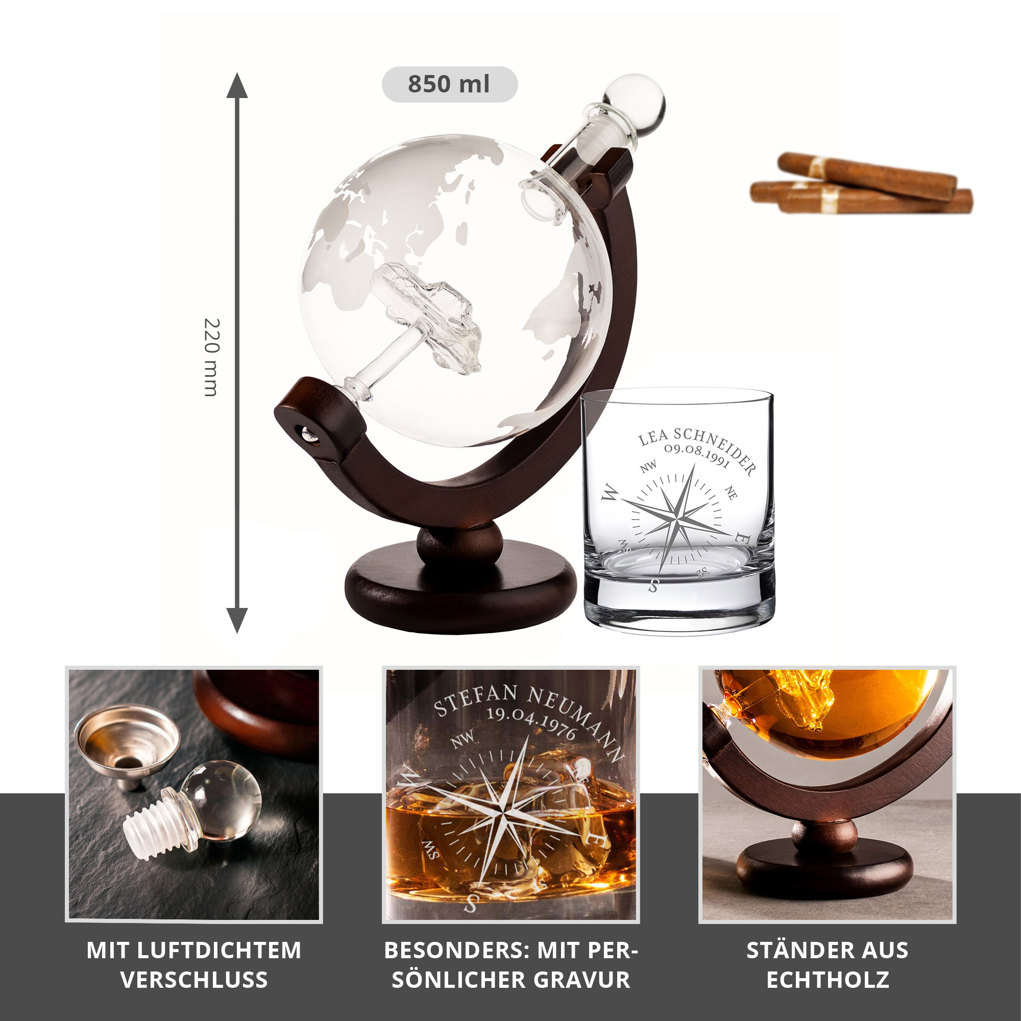 Whiskyset Globus Karaffe Auto und Whiskyglas mit Gravur - Kompass Whiskyset Globus Karaffe Auto und Whiskyglas mit Gravur - Kompass