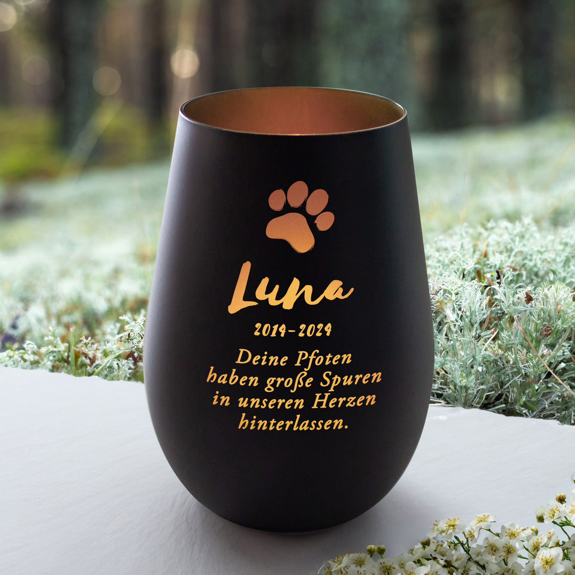 Schwarzes Windlicht zur Trauer für Katze - Bronze