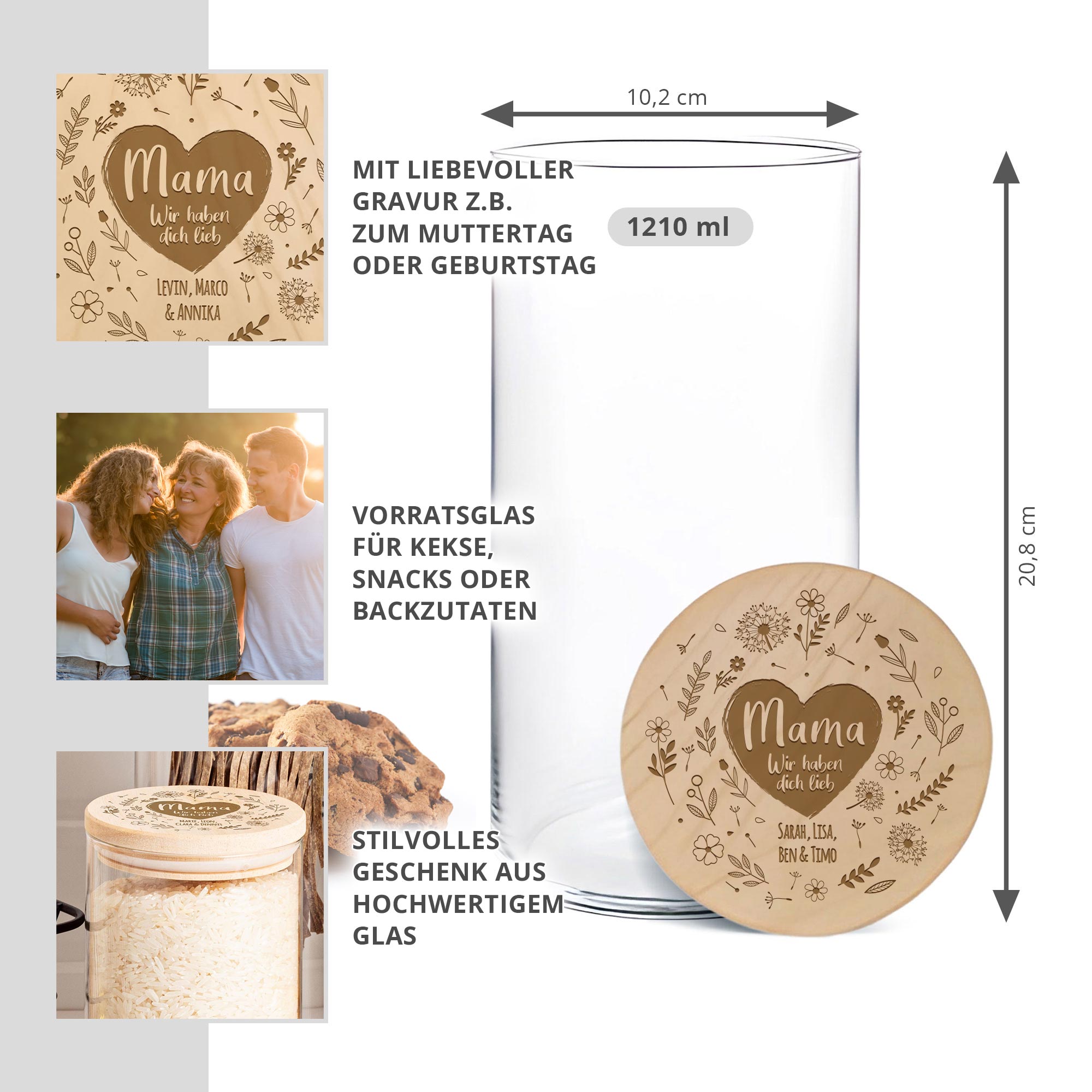 Vorratsglas mit Gravur - Blumenherz für Mama