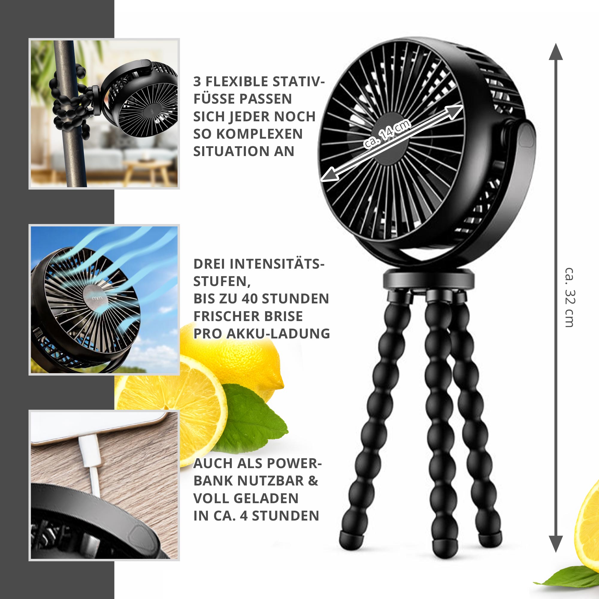 Ventilator mit Stativ - 3in1 Powerbank mit Smartphonehalter