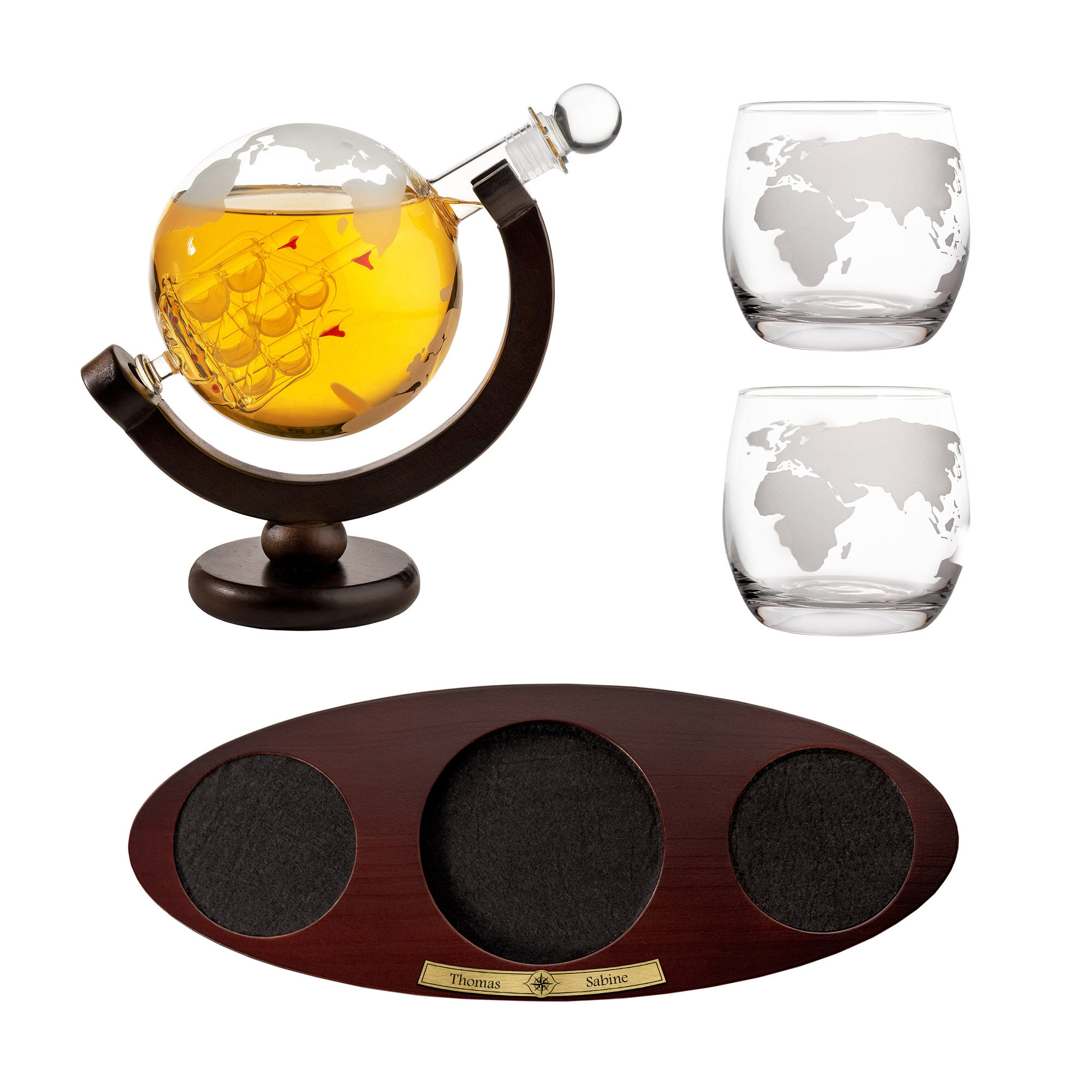 Whisky Set mit Globus Karaffe und 2 Gläsern - Segelschiff