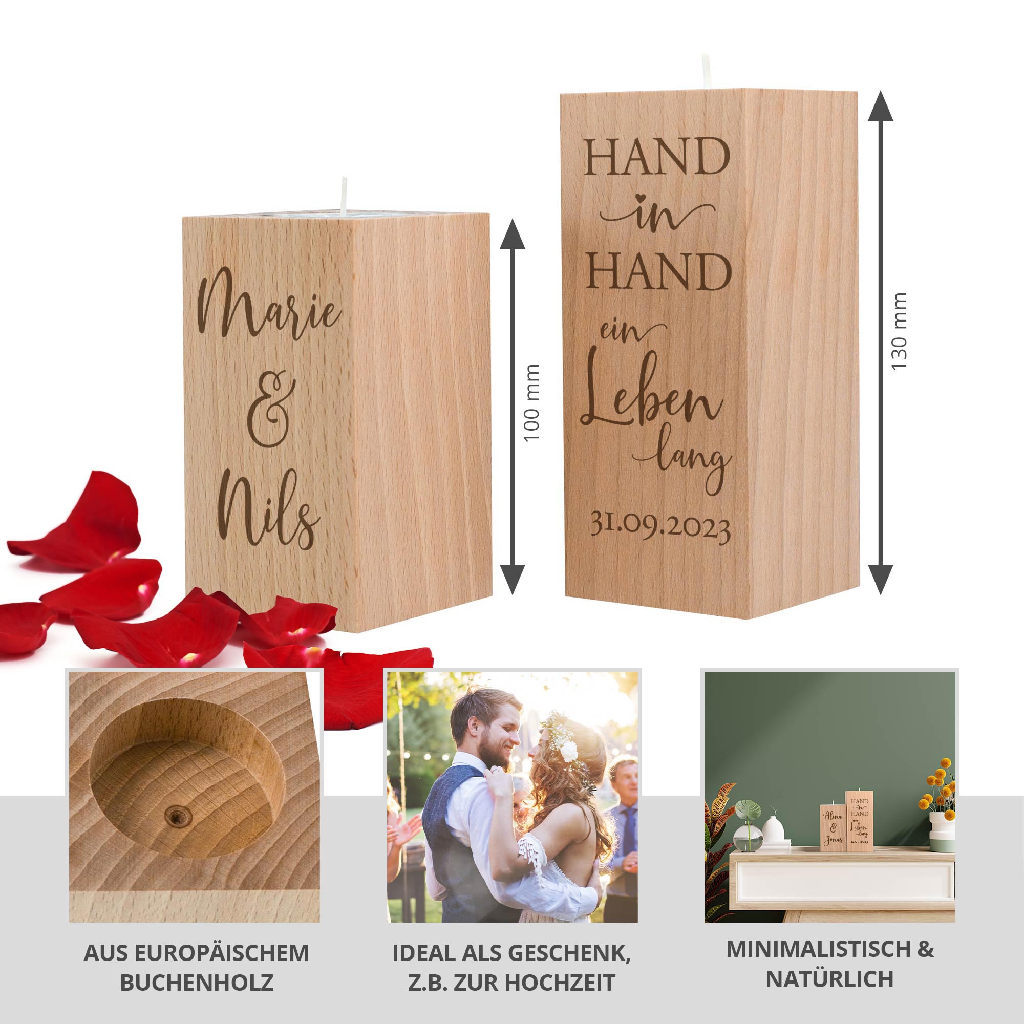 Teelichthalter Set - Eckig - Hochzeitspruch - Hand in Hand - Personalisiert