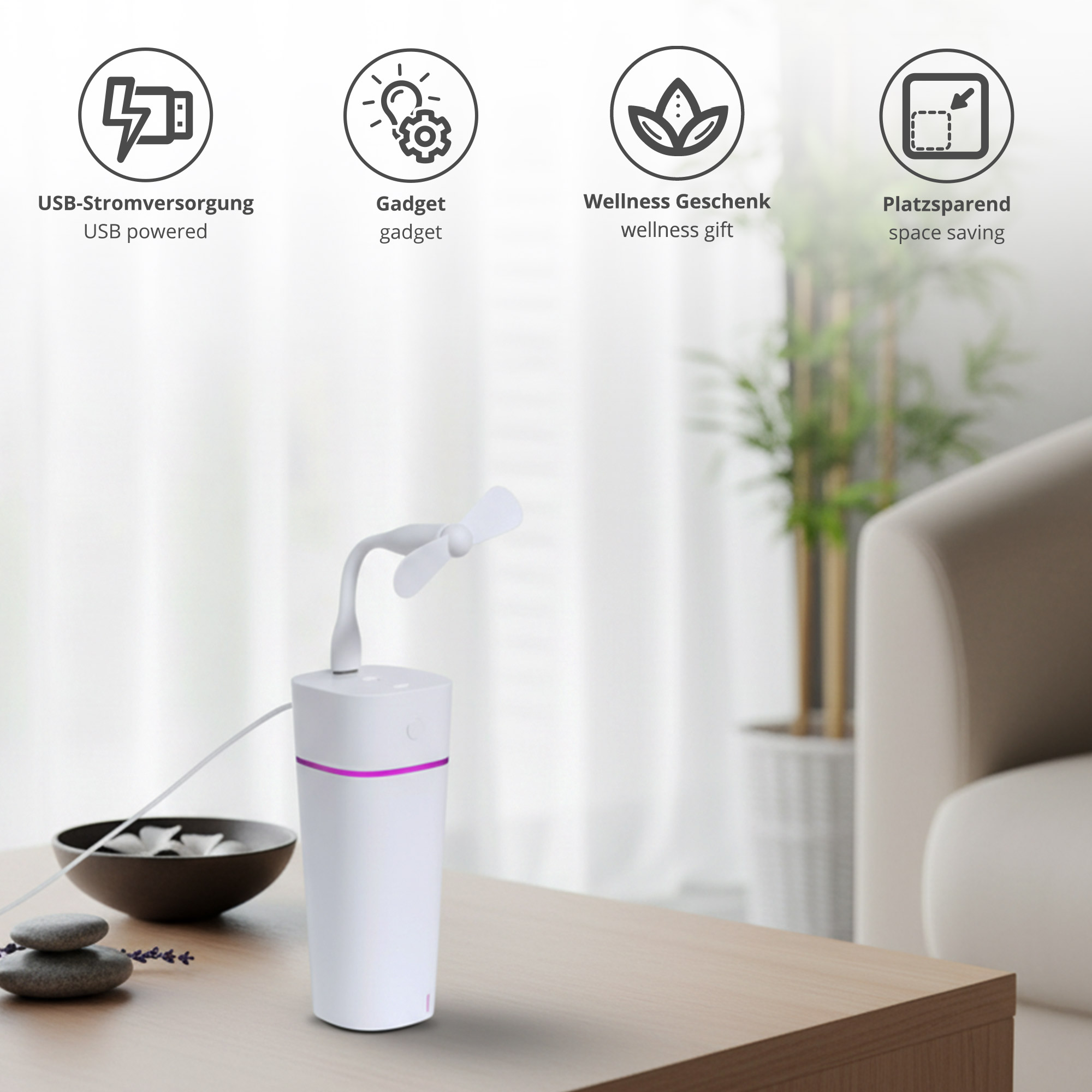 2in1 Luftbefeuchter mit Ventilator und LED Leuchte